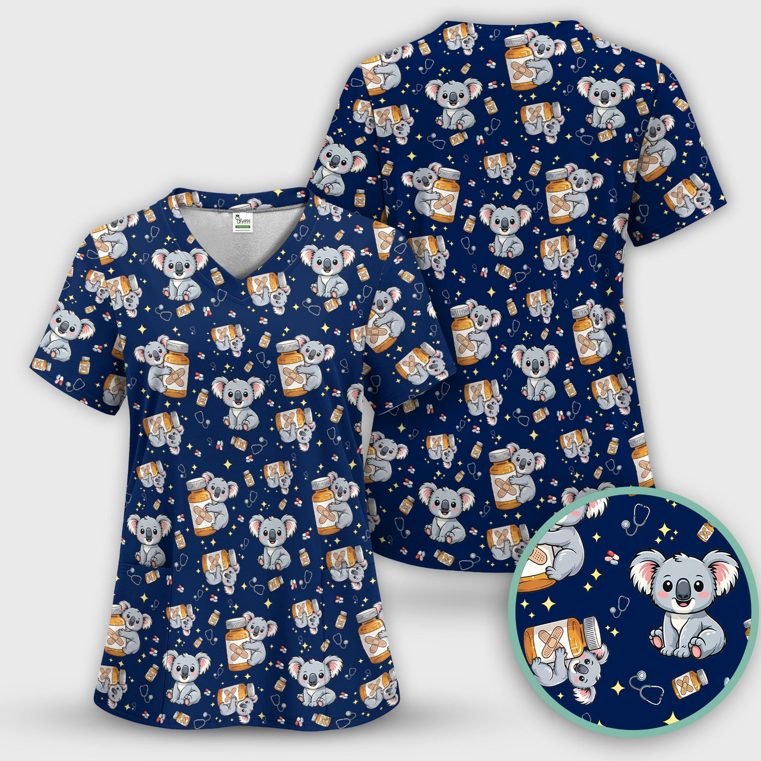 Cute Koala Nurse Bandage Medicine Print Scrub Top, Comfortable Scrubs for Nurses