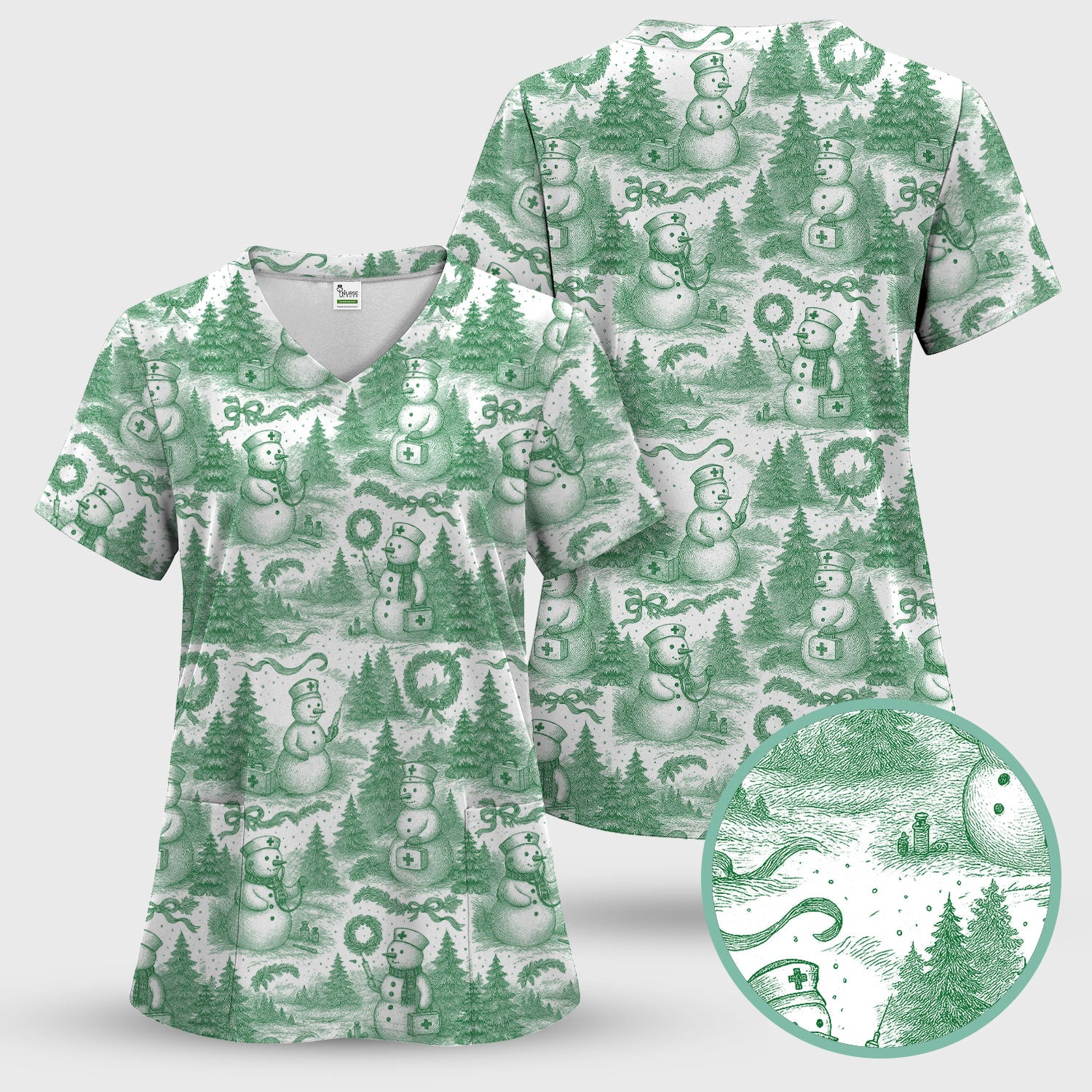 Christmas Scrub Top for Women – Toile de Jouy Snowman and Medical Pattern – Vintage Holiday Nurse Scrubs for Festive Season