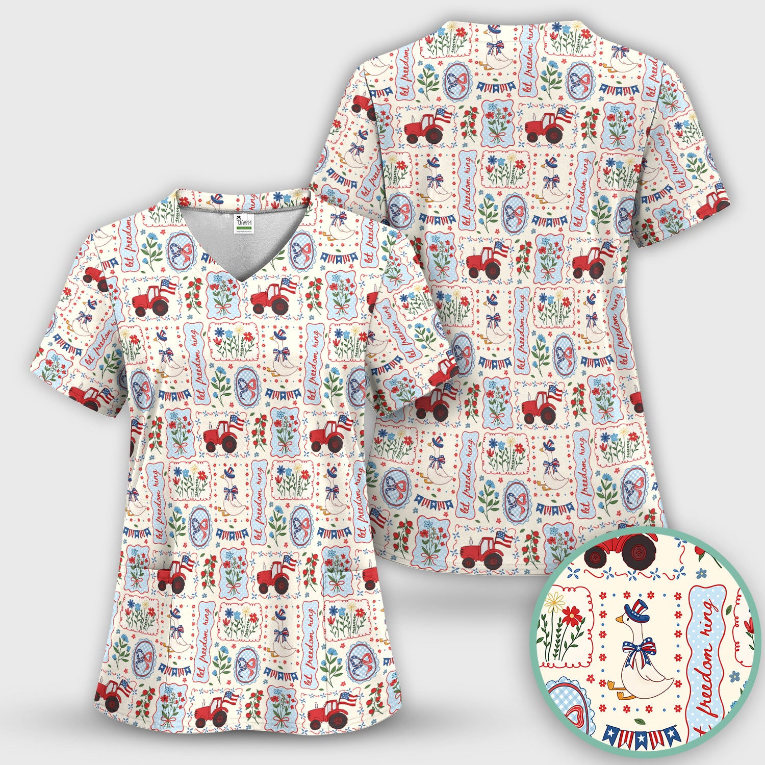 Patriotic Farm Goose Nurse Scrub Top for RN, CNA, Healthcare Workers, Americana Uniform Scrub Set, Scrub Pants and V Neck Top