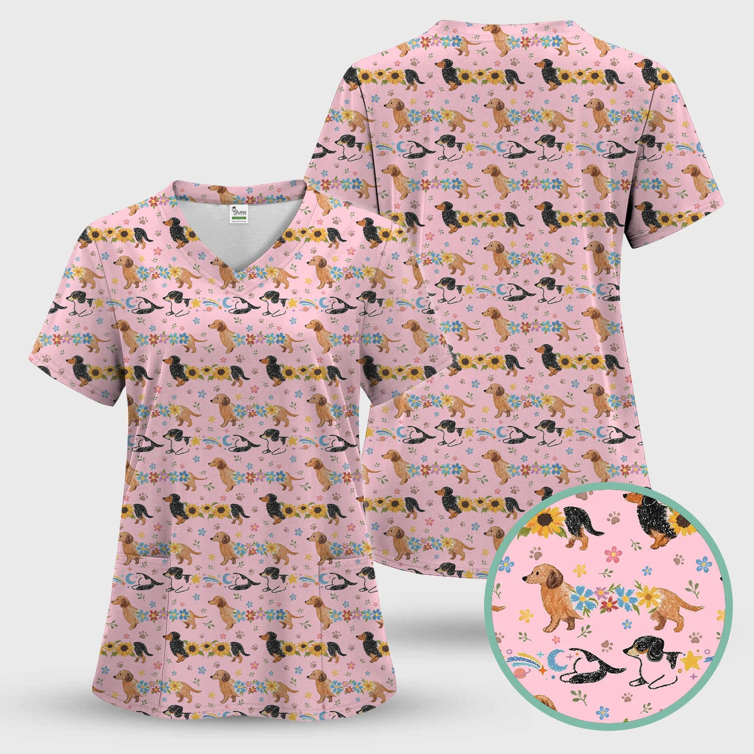 Floral Wiener Dog Pattern Scrub Set, Scrub Pants and V Neck Top