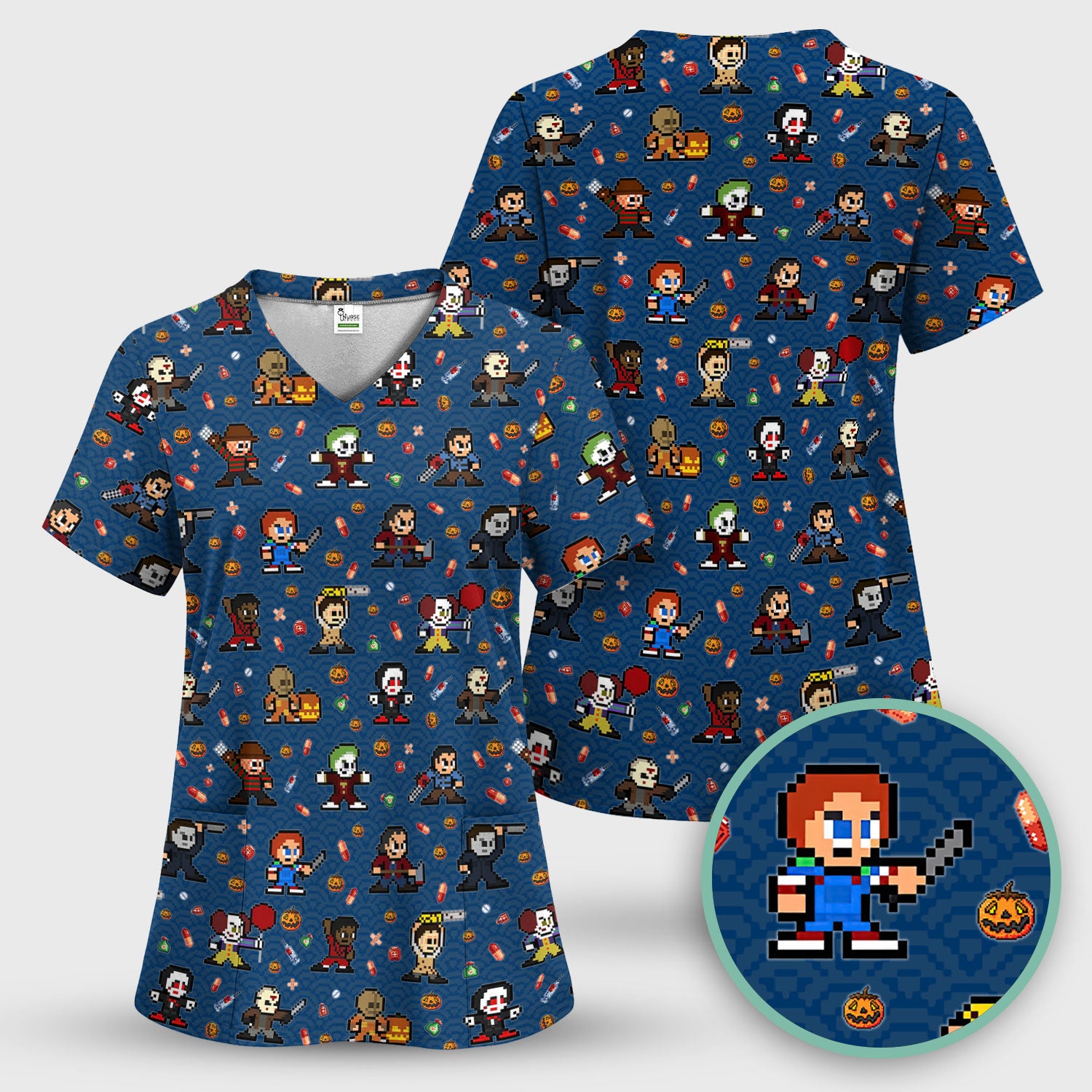 Halloween Horror Movie Scrub Top - Scary Character Med Uniform - Comfortable Scrubs for Nurses - Spooky Gift for Her