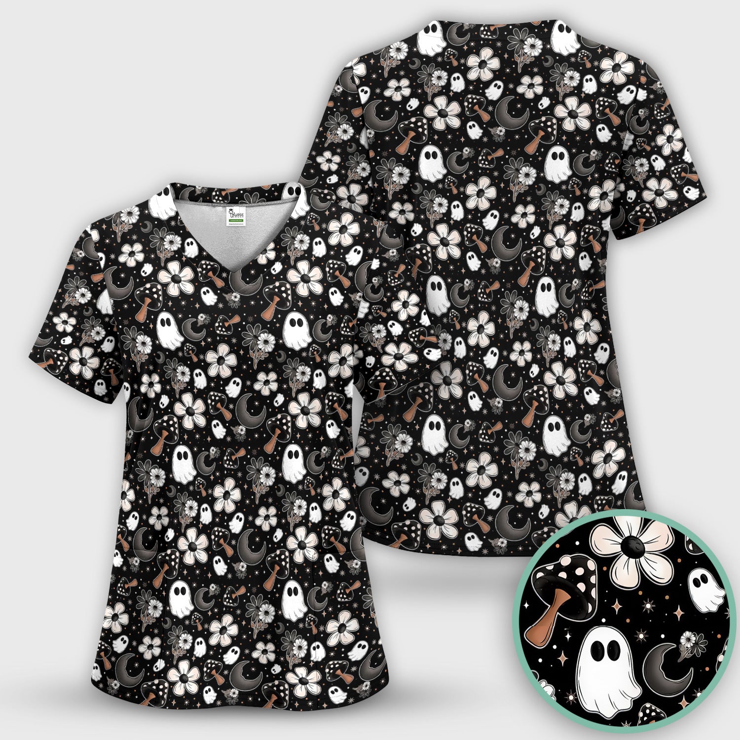 Floral Mushroom Ghost Pattern Scrub Top, Comfortable Scrubs for Nurses