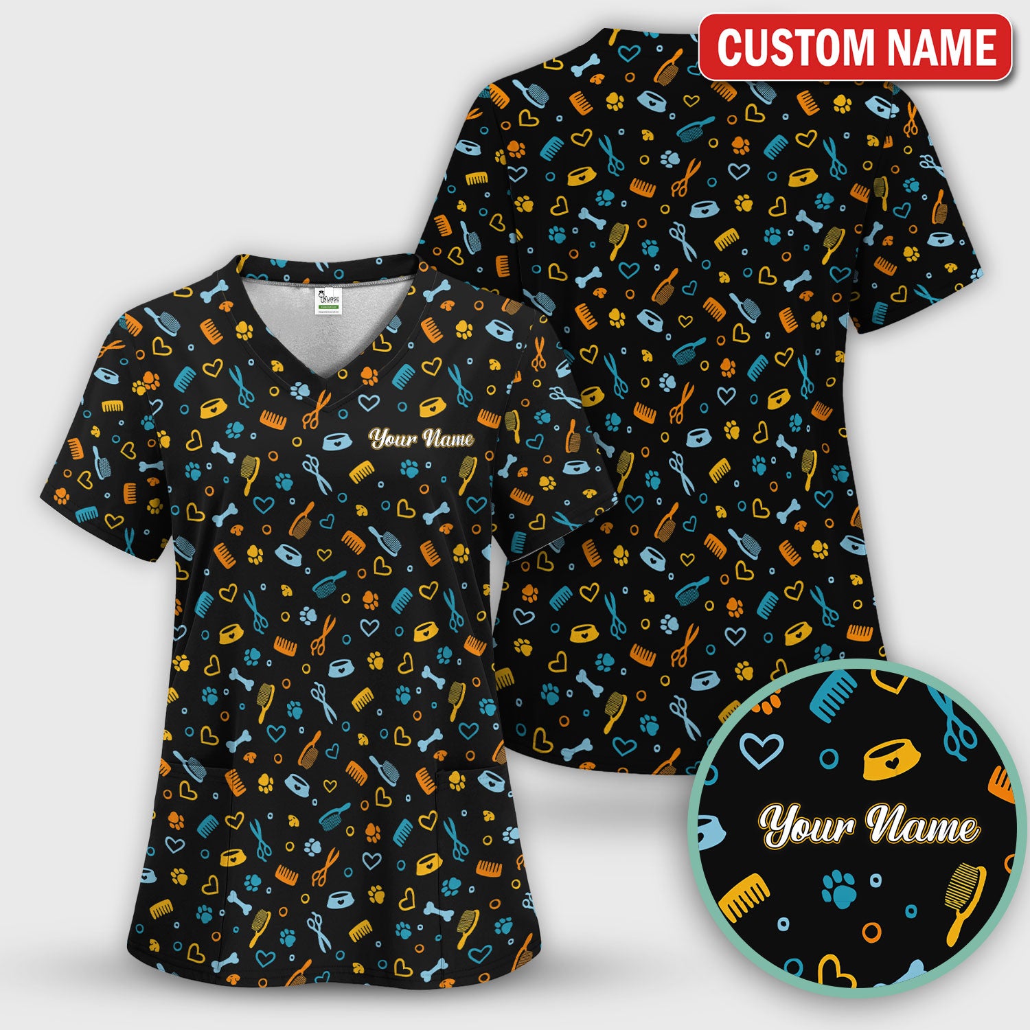 Custom Name Dog Cat Grooming Pattern Scrub Top, Breathable Fabrics Nursing Uniform
