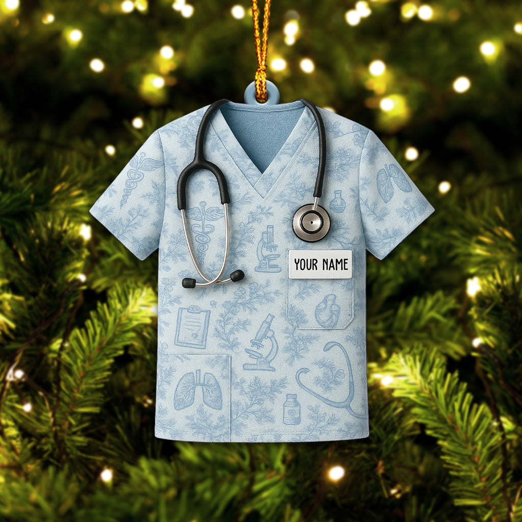 Toile de Jouy Scrub Shirt Ornament – Custom Name Nurse Christmas Decor for Healthcare Workers & Medical Staff