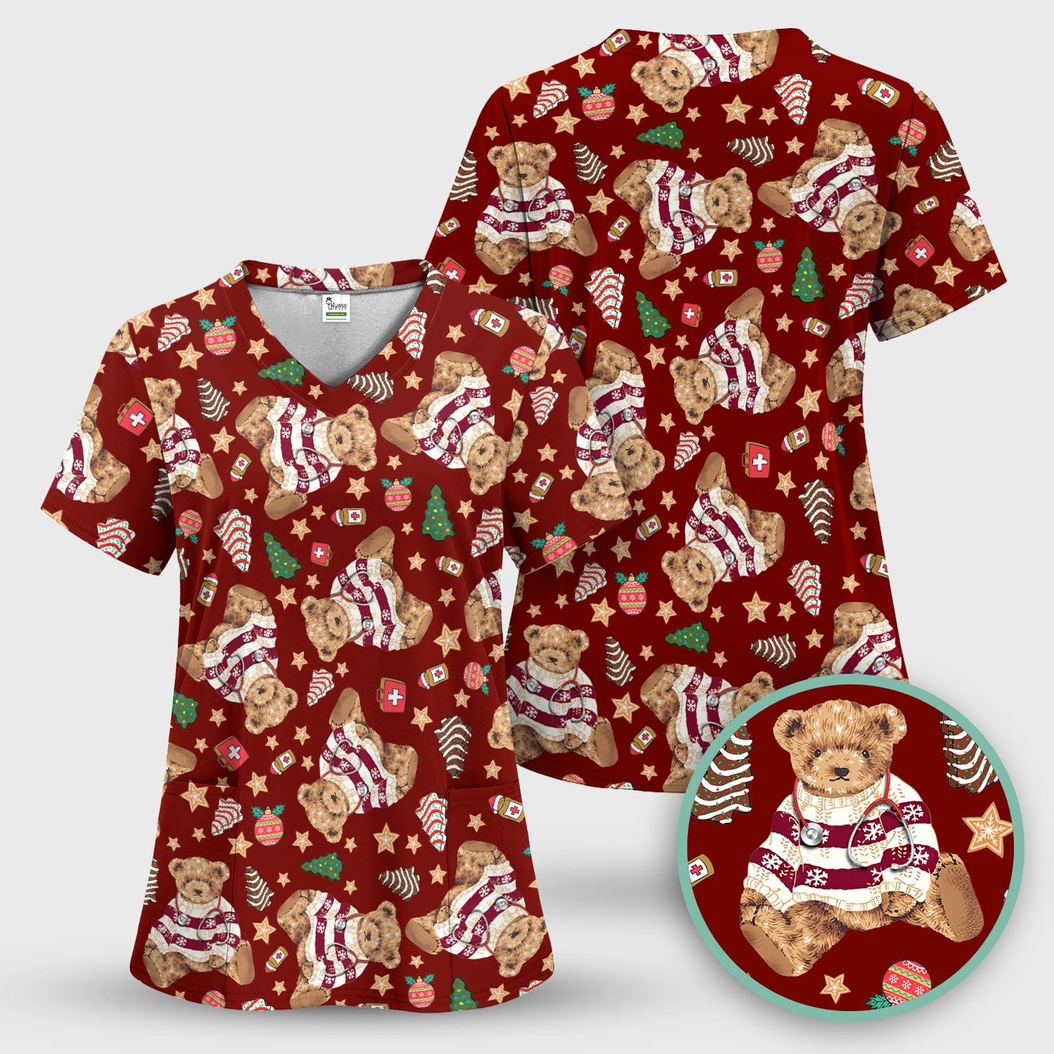 Teddy Bear Christmas Scrub Top - Cute Holiday Medical Pattern with Warm Sweater Bear - Gift for Nurses RN CNA LPN