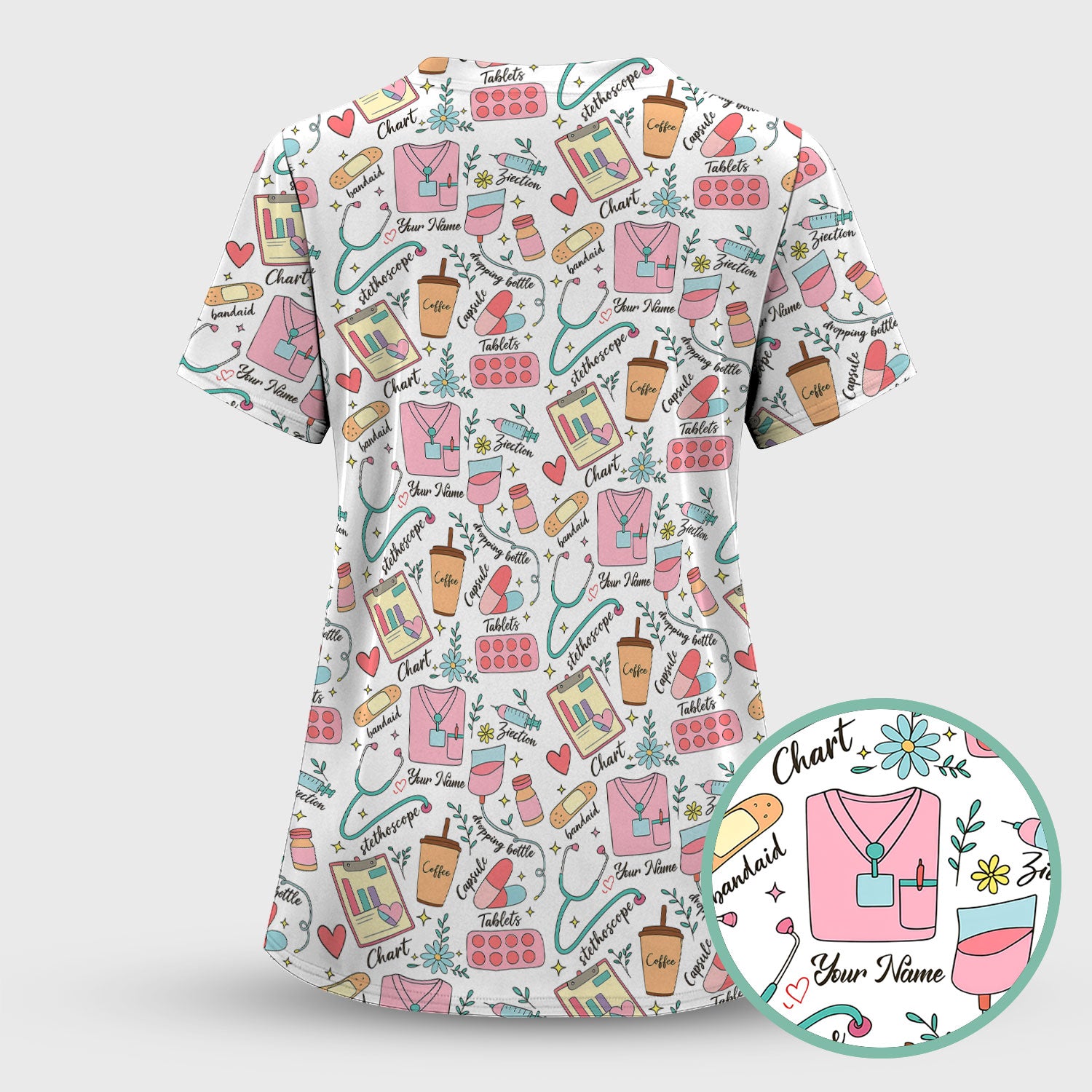 Cute Nurse Scrub - Colorful Medical Uniform Shirt with Coffee, Stethoscope & Pills - Fun RN LPN CNA Nursing Gift for Women