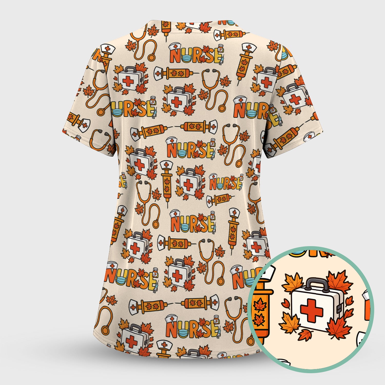 Autumn Nurse Scrub Top Multi Color - Fall Themed Nursing Shirt with Pockets - Cute Maple Leaf Medical Scrubs for Women