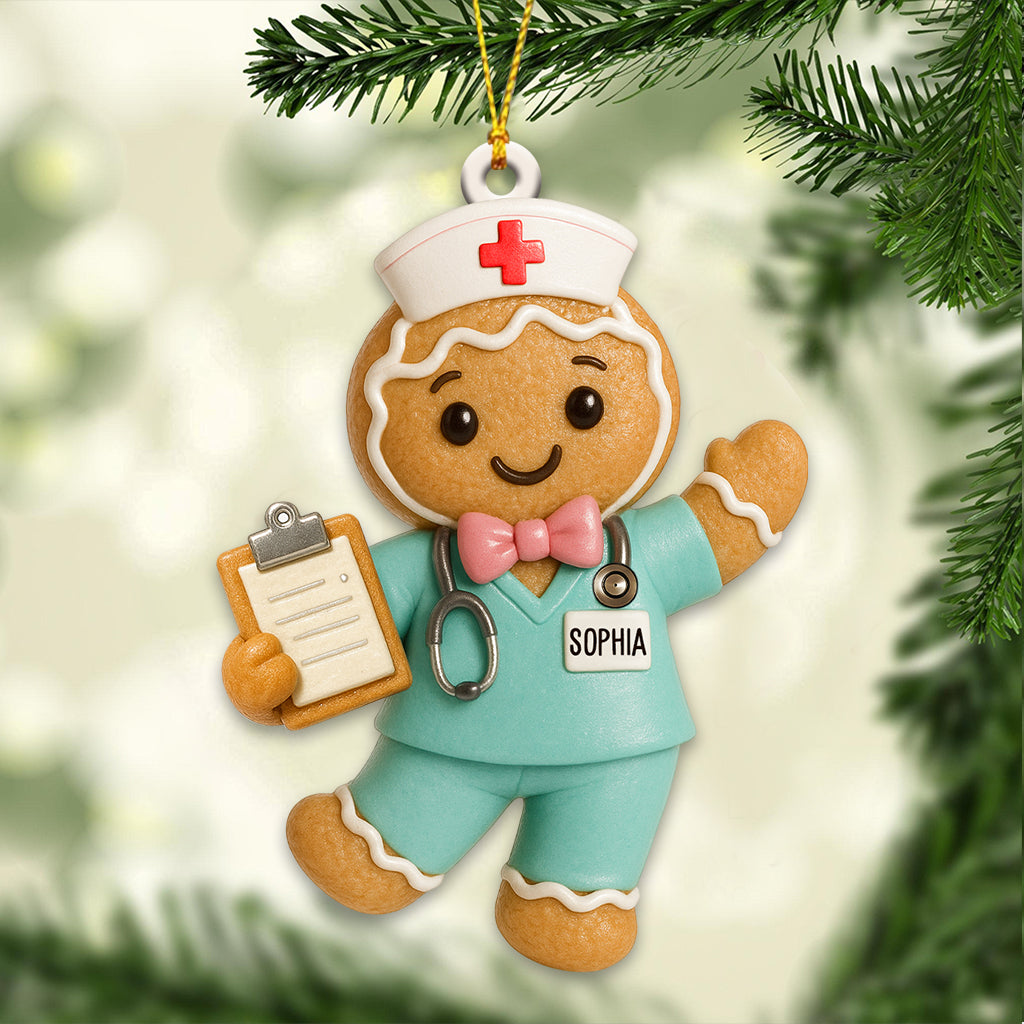 Personalized Gingerbread Nurse Ornament – Custom Name Medical Scrub Decor, Xmas Healthcare Gift, Cute Cookie Figurine for Nurses