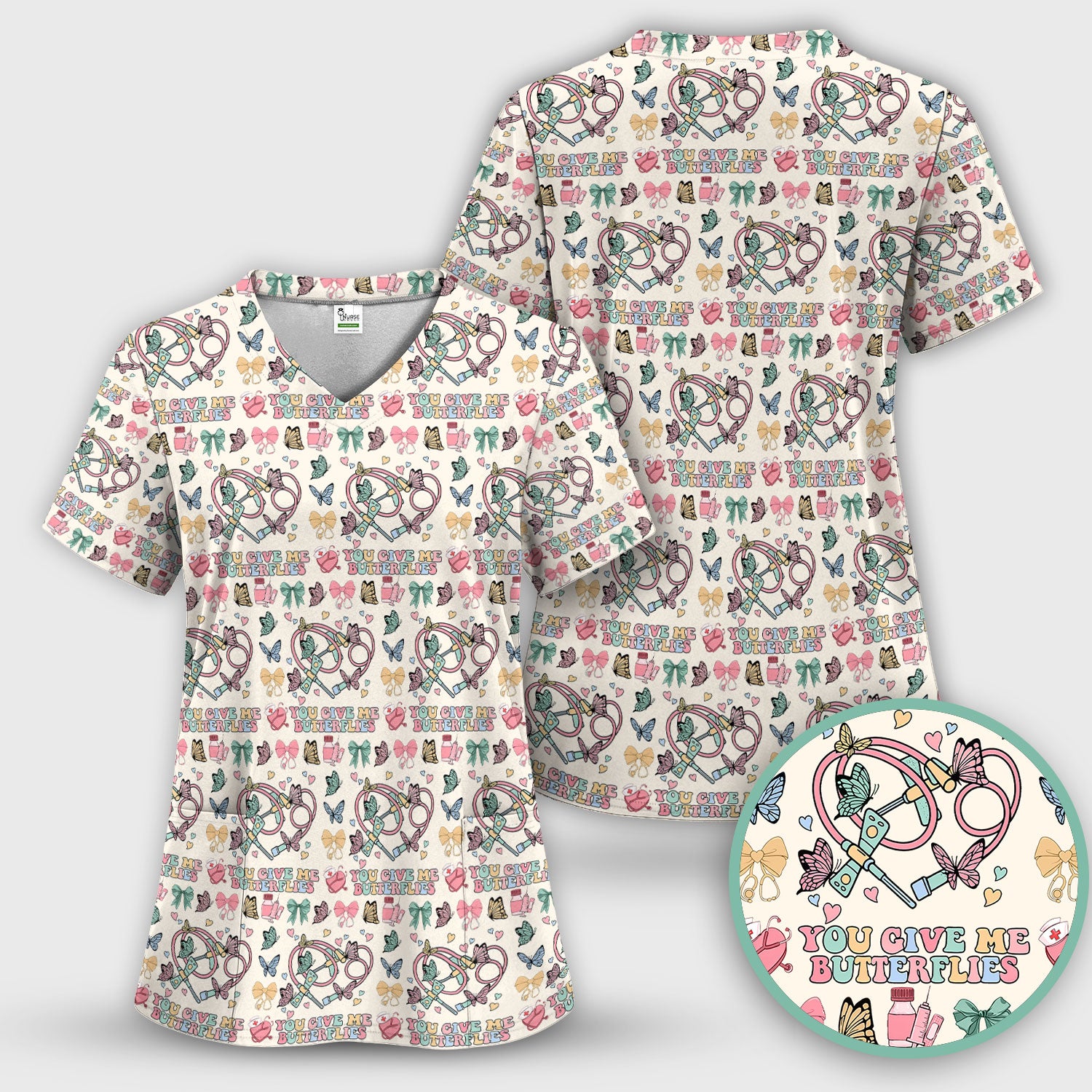 Butterfly Heart Valentine Medical Pattern Scrub, Women's Scrub Sets