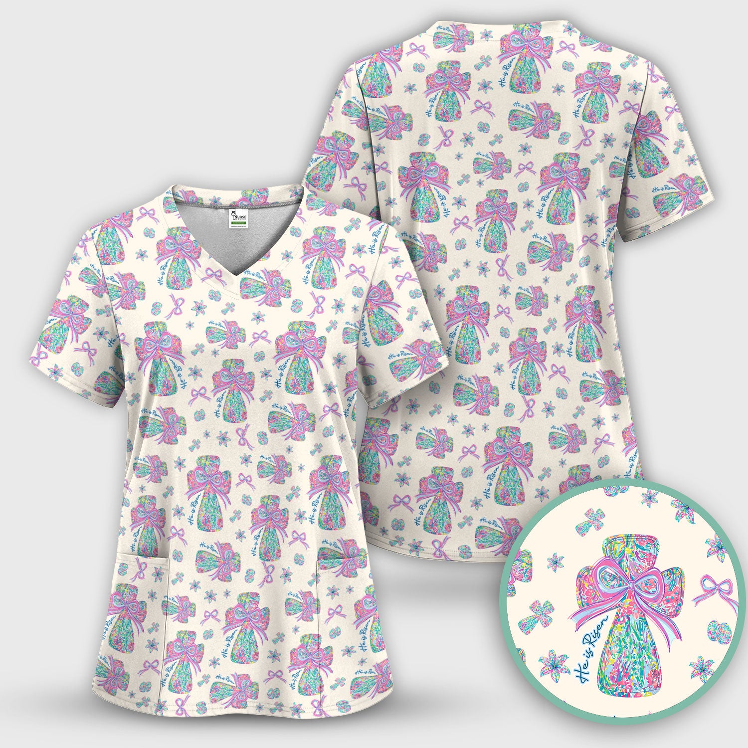 Colorful Bow Pattern Scrub Top, Breathable Fabrics Nursing Uniform