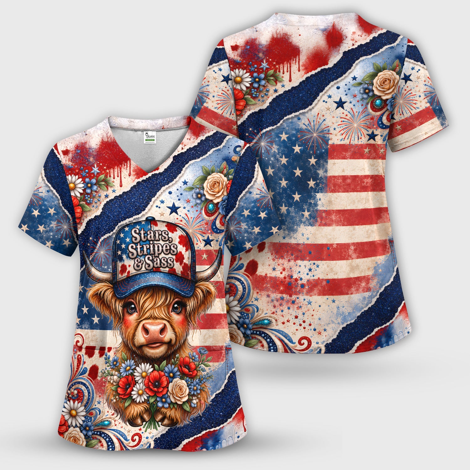 Patriotic Highland Cow Pattern, Healthcare Workers Scrub Top, Comfortable Scrubs for Nurses