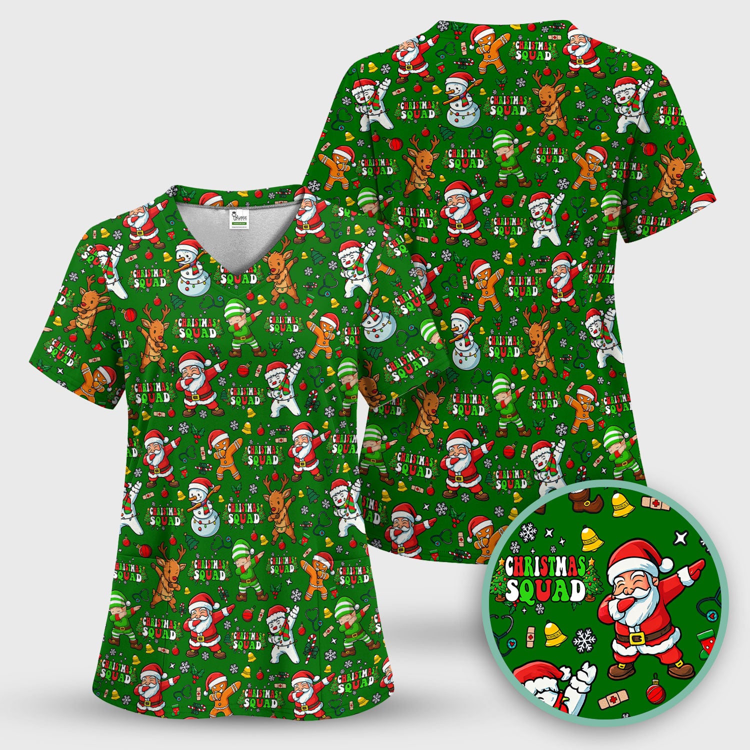 Christmas Squad Scrub Top - Dancing Santa, Reindeer & Elf Shirt - Funny Holiday Medical Uniform for Nurses, Doctors & Vet Techs