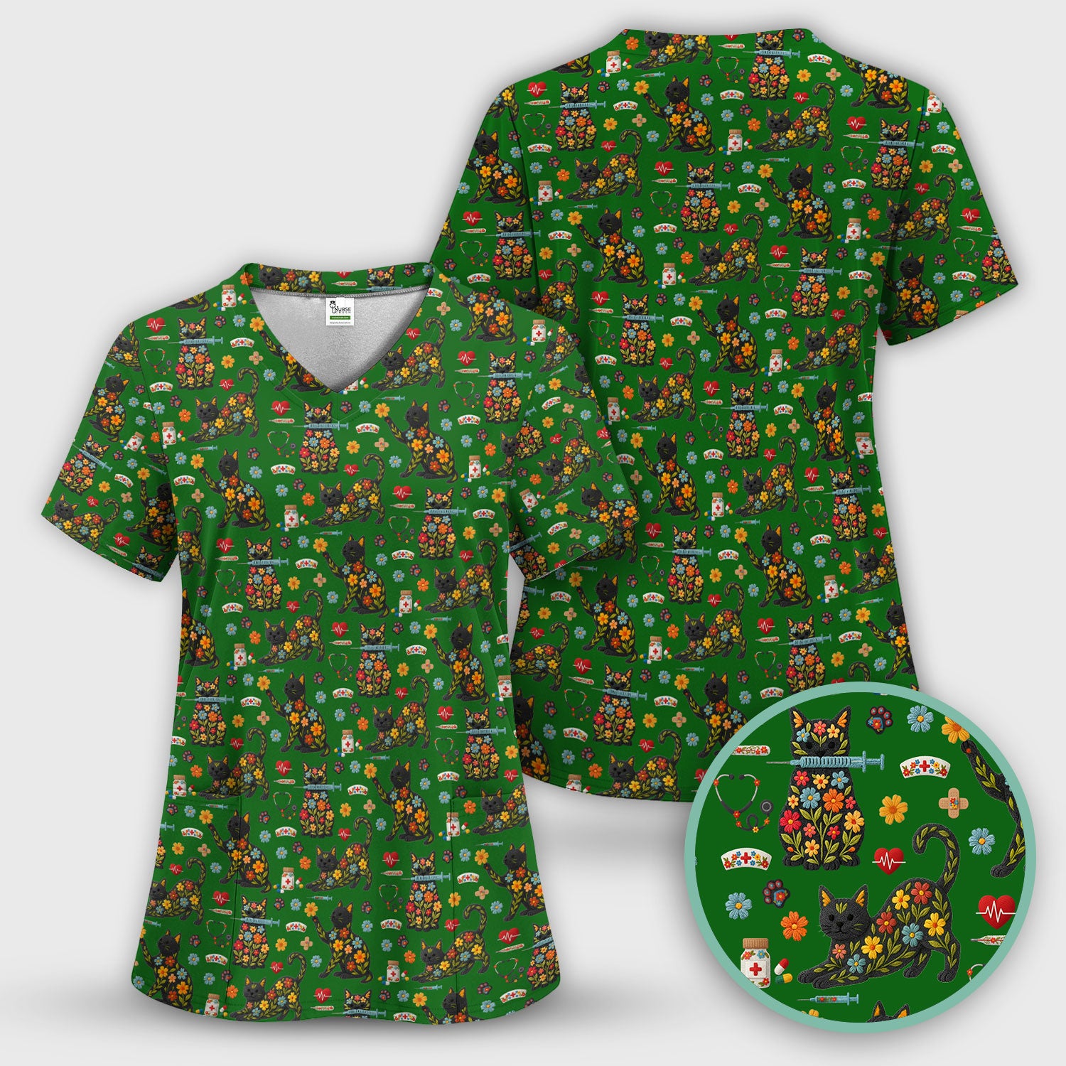 Floral Black Cat Pattern Scrub Top, Cute Cat Nurse Scrub Shirt, Medical Nursing Uniform