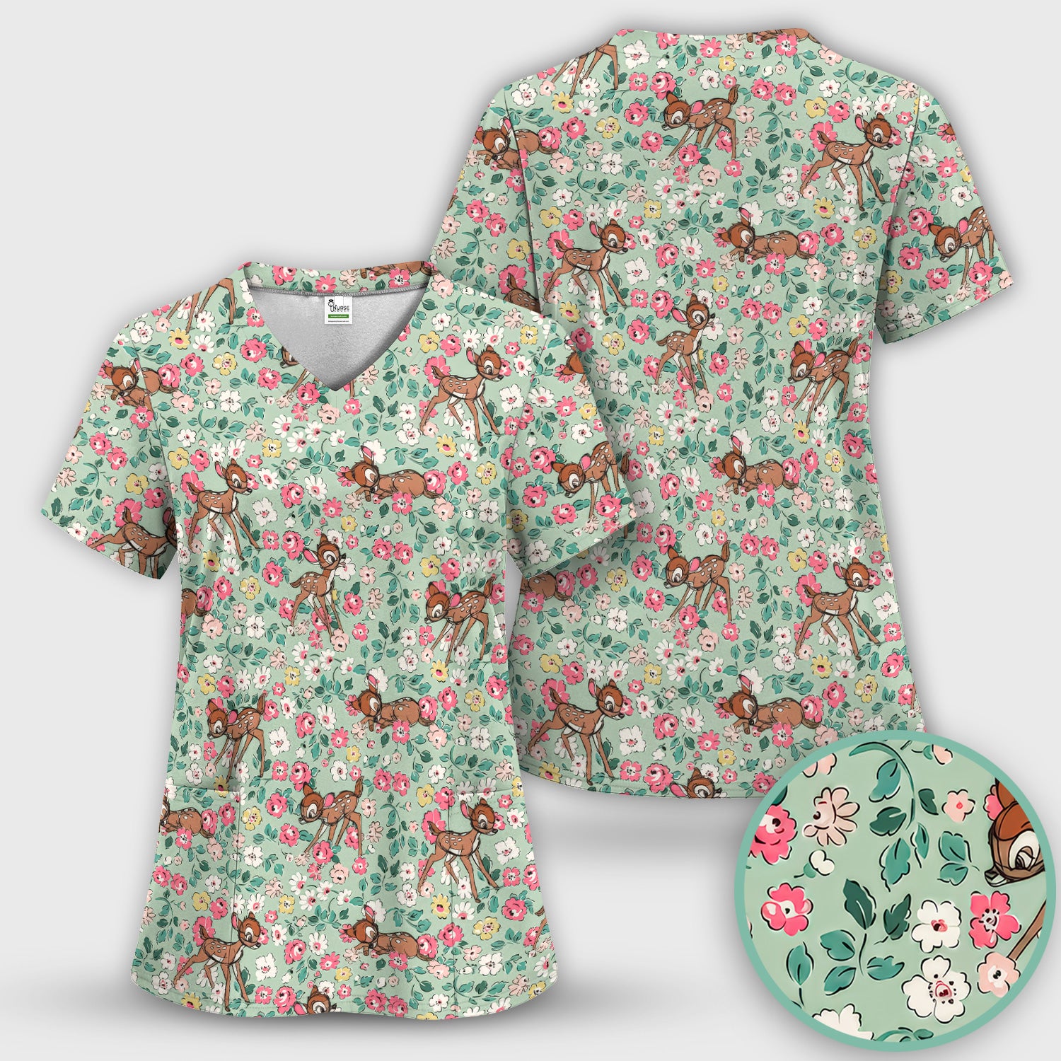 Cute Baby Deer Floral Pattern Scrub Set, Scrub Pants and V Neck Top