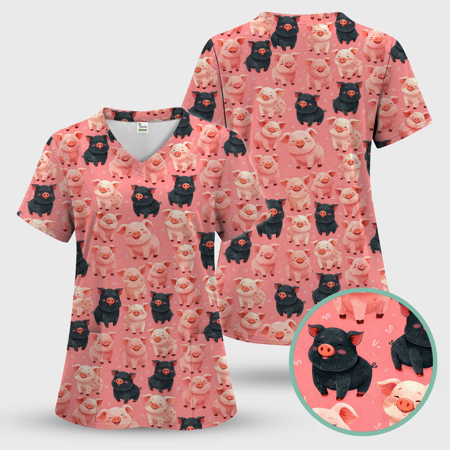 Cartoon Pig Print Scrub Top, Comfortable Medical Scrubs for Nurses
