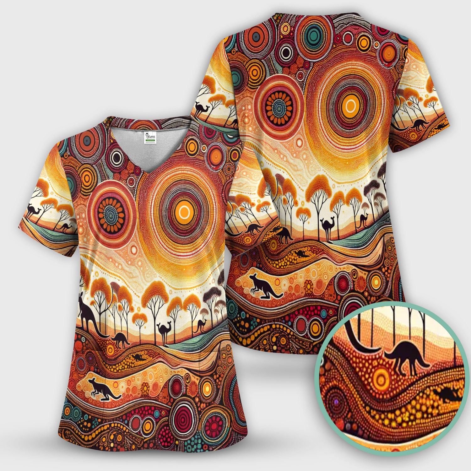 Aboriginal Kangaroo Art Nurse Scrub Top, Comfortable Scrubs for Nurses