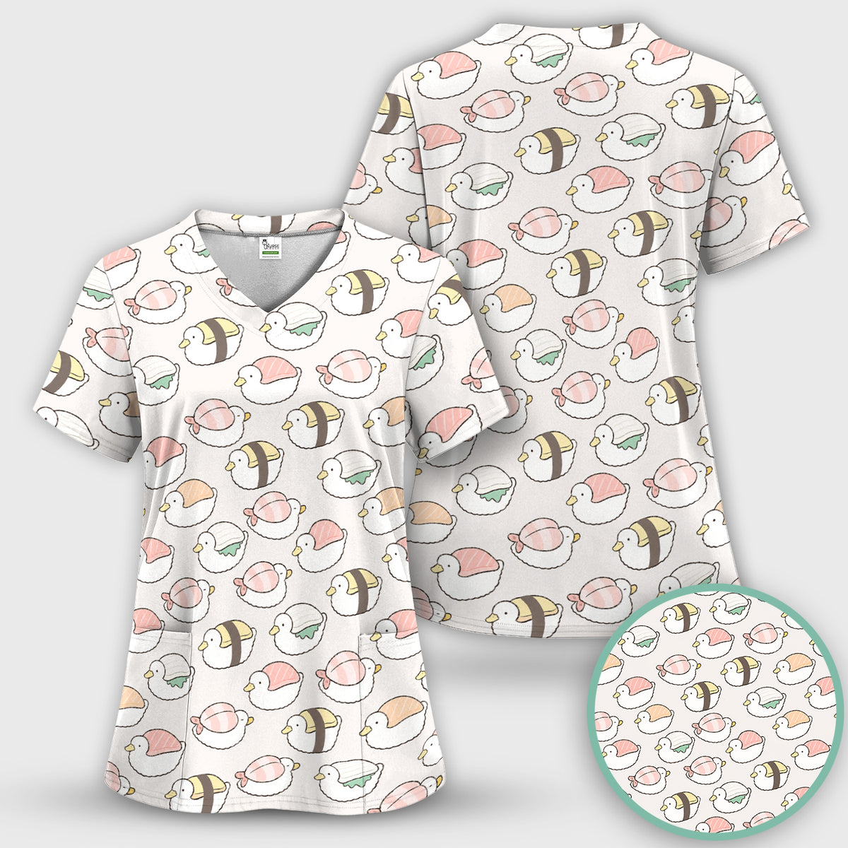 Cute Nigiri Sushi Ducks Pattern Scrub Top, Comfortable Scrubs for Nurses