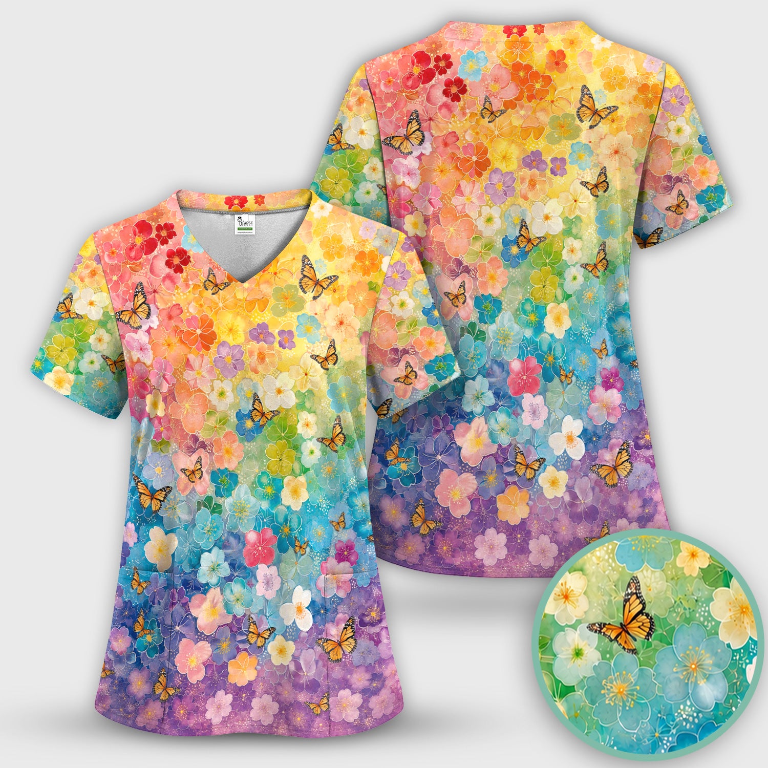 Rainbow Butterfly Floral Blossom Pattern Scrub Set, Scrub Pants and V Neck Top