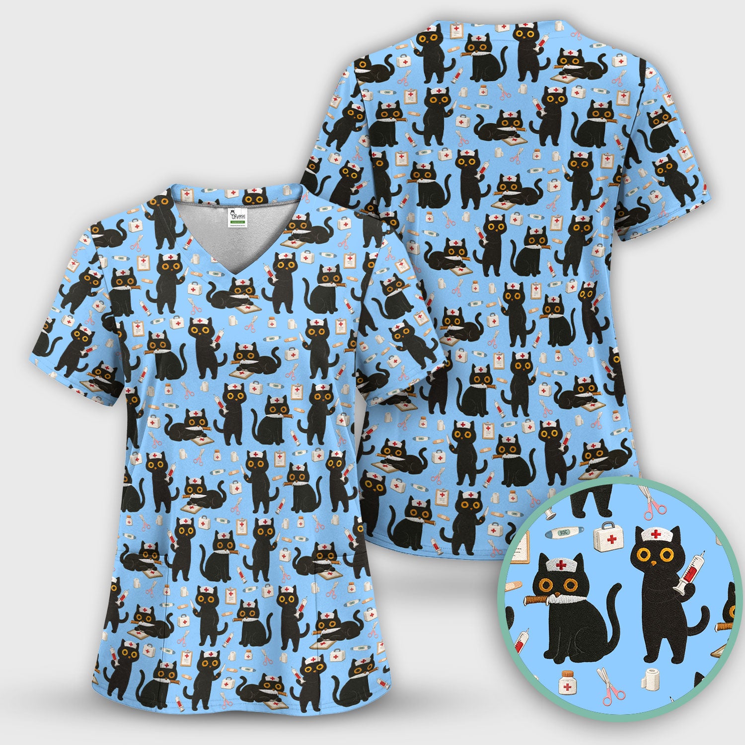 Cute Black Cat Nurse Pattern Women's Scrub Set, Breathable Med Uniform
