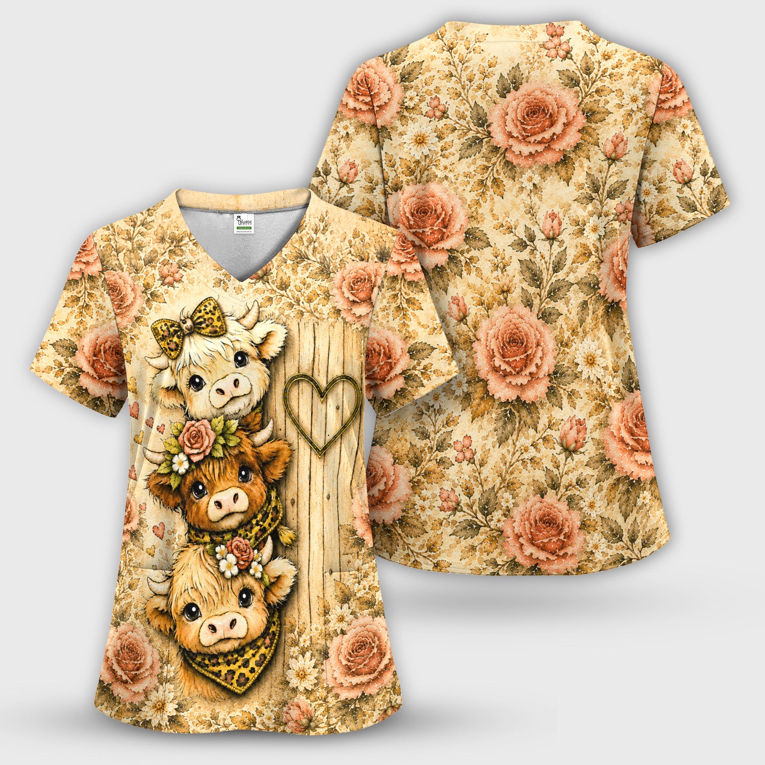 Highland Cow with Floral Farmhouse Scrub Top, Comfortable Scrubs for Nurses