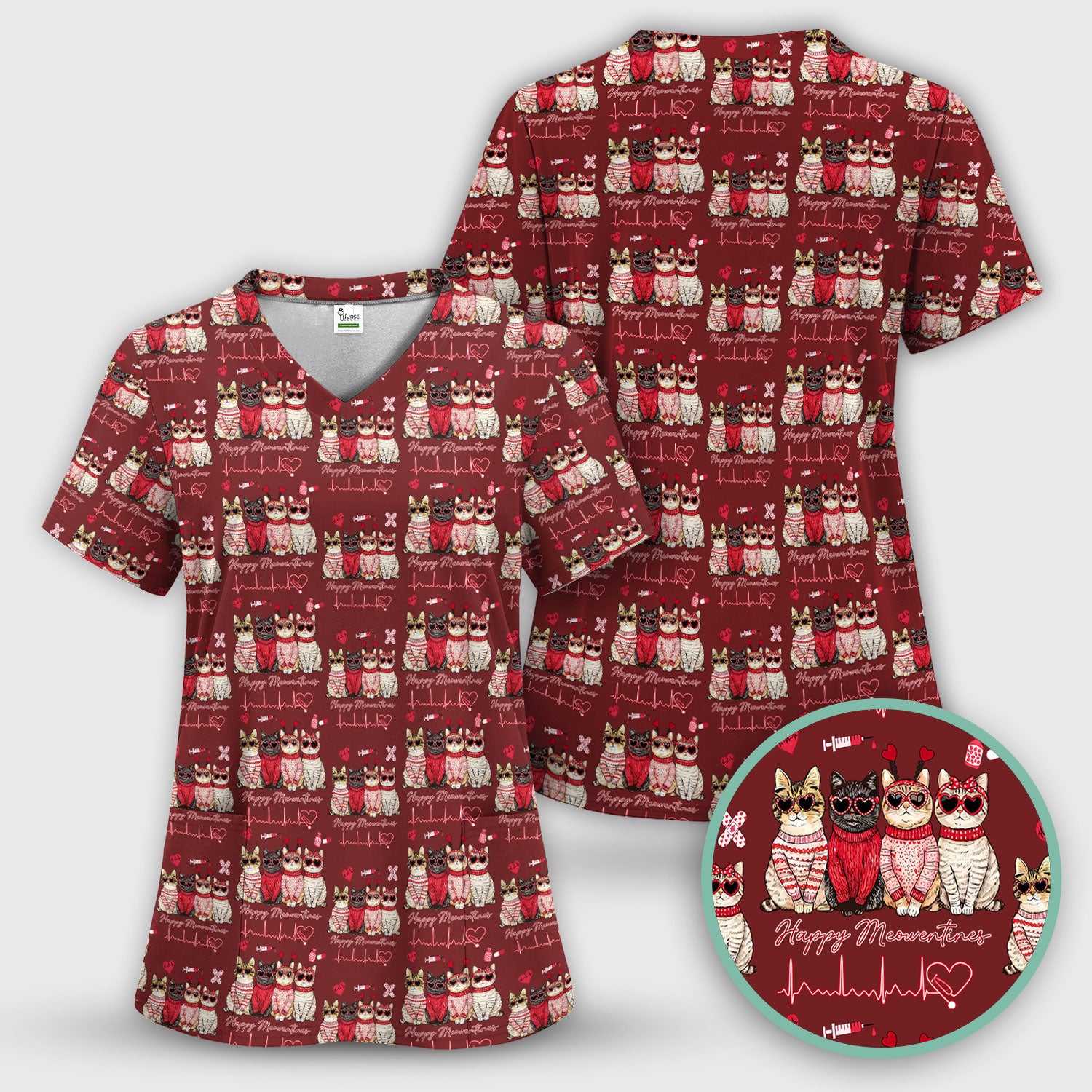 Happy Meowtines Cat Pattern Scrub Top, Valentine Cat Lover Nurse Scrub Shirt, Heartbeat Medical Pattern Nursing Uniform