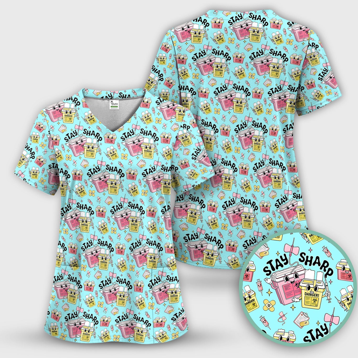 Stay Sharp Nurse Scrub Top, Cute Medical Pattern Scrubs, Breathable Fabrics Nursing Uniform