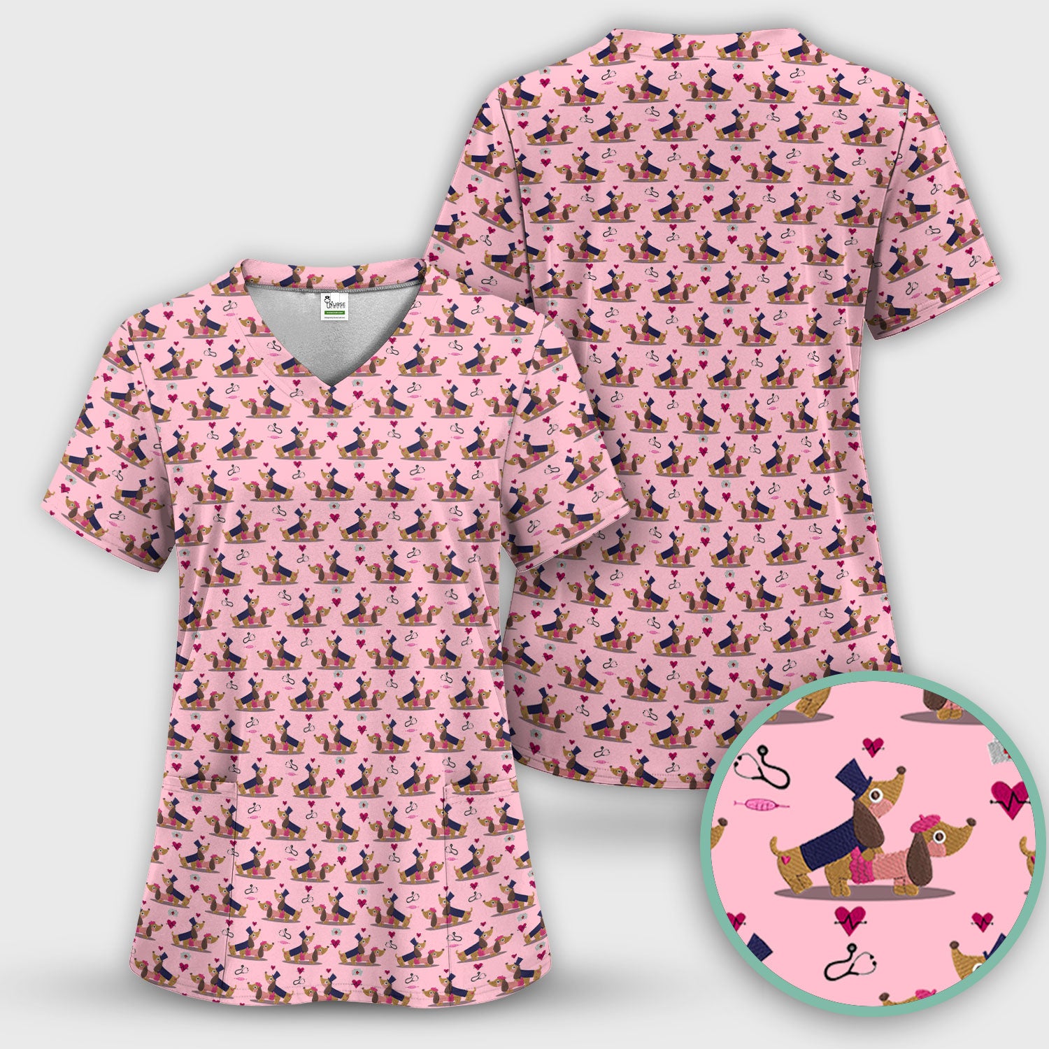 Cute Dachshund Valentine Nurse Scrub Top - Funny Gift for Women