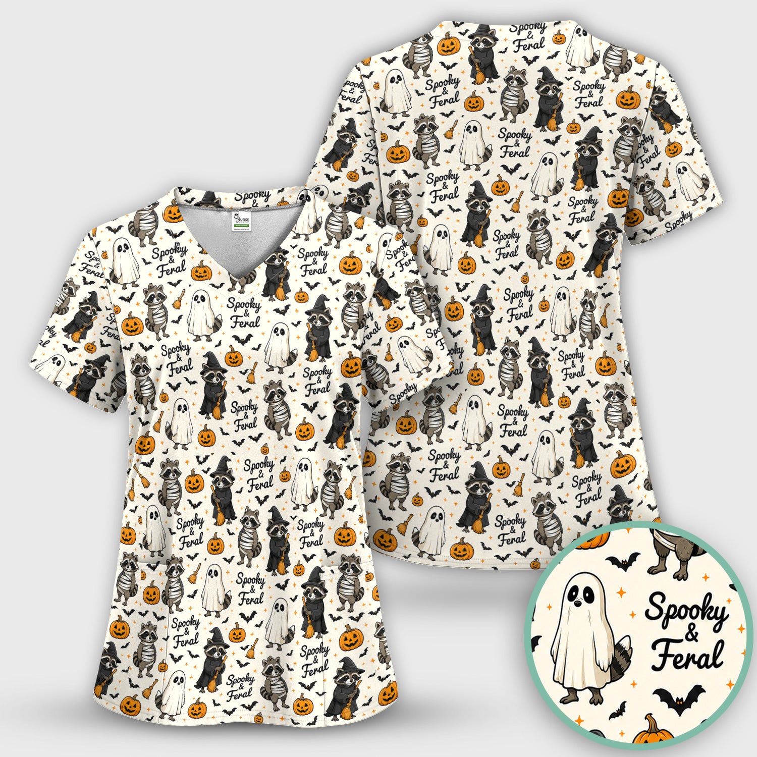 Spooky And Feral Halloween Raccoon Scrub Set, Scrub Pants and V Neck Top