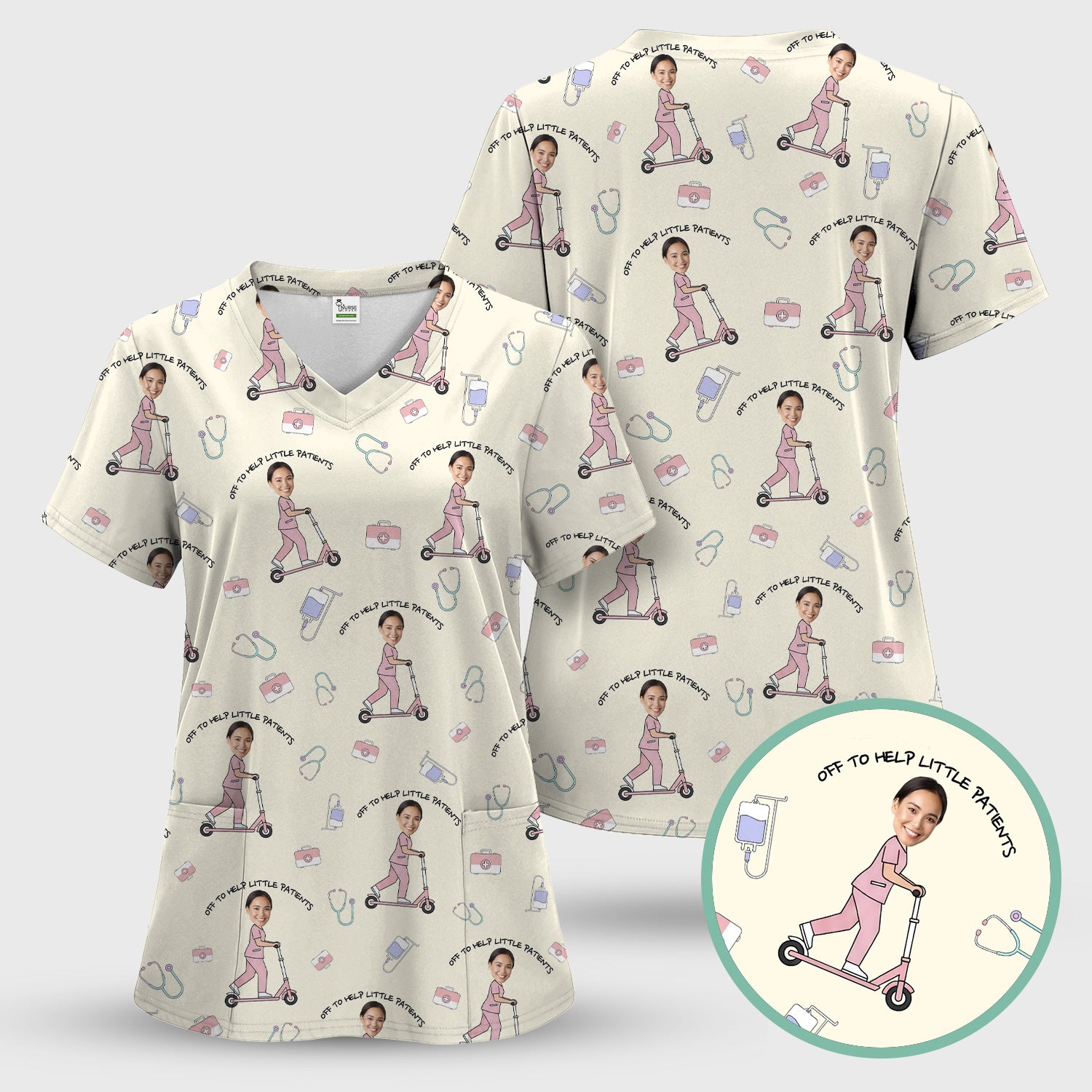 Custom Face Pediatric Nurse Scooter Pattern Scrub Set, Scrub Pants and V Neck Top