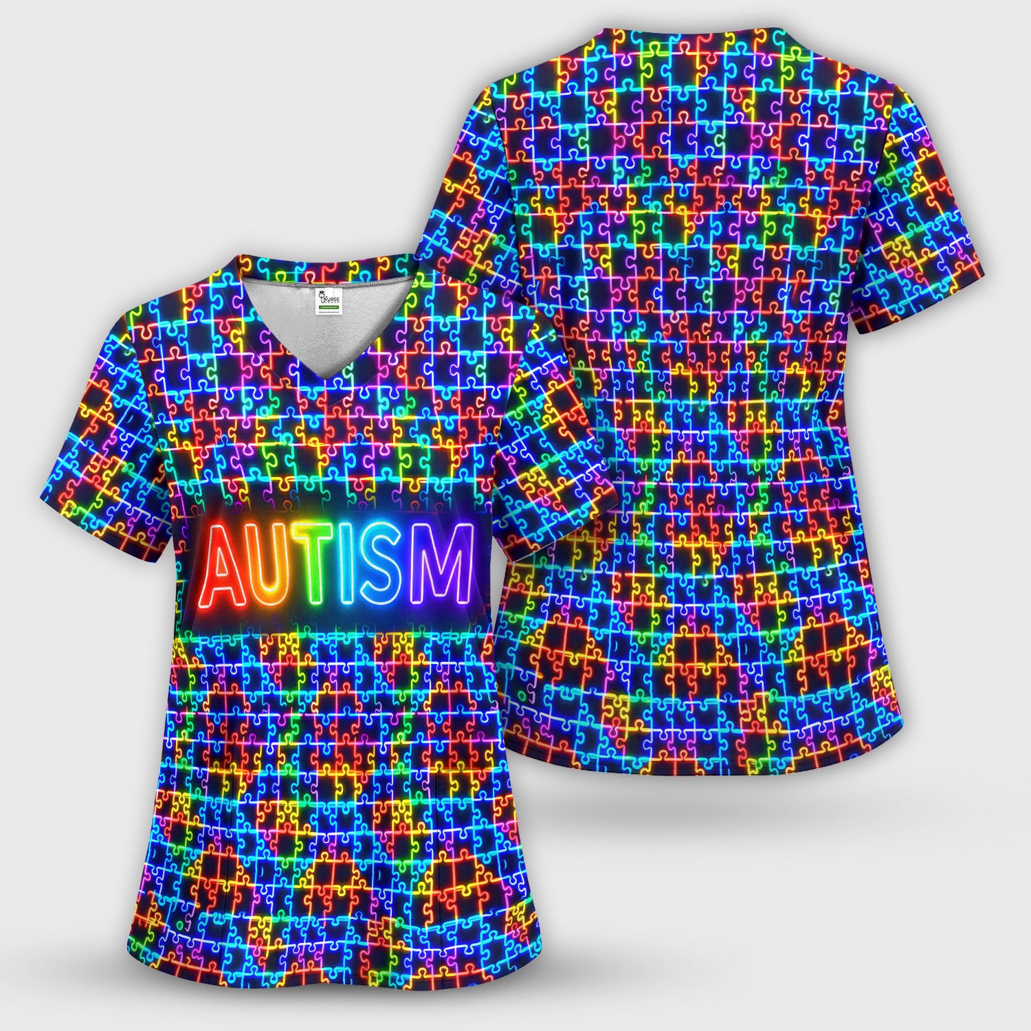 Autism Puzzle Neon Pattern Scrubs Top, Comfortable Scrubs for Nurses