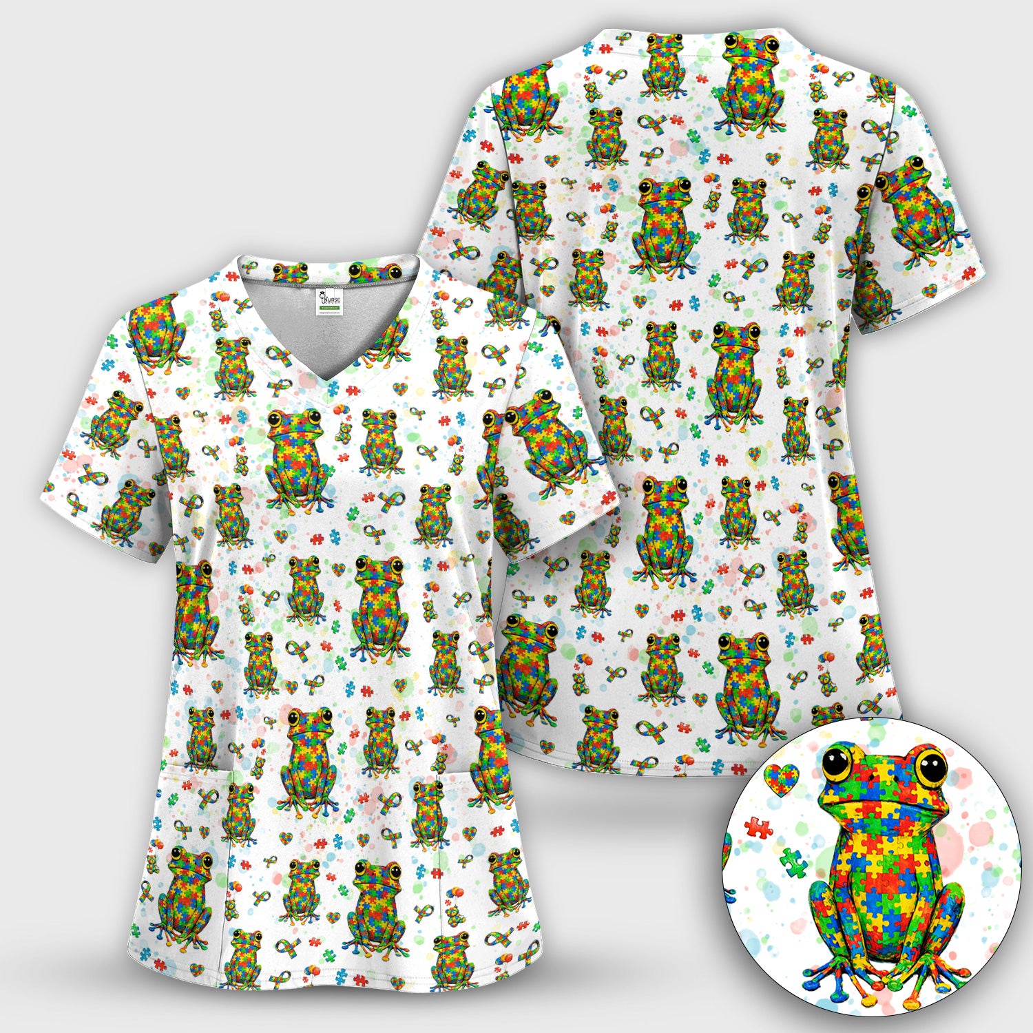 Colorful Autism Puzzle Frog Pattern Scrubs Top, Comfortable Scrubs for Nurses