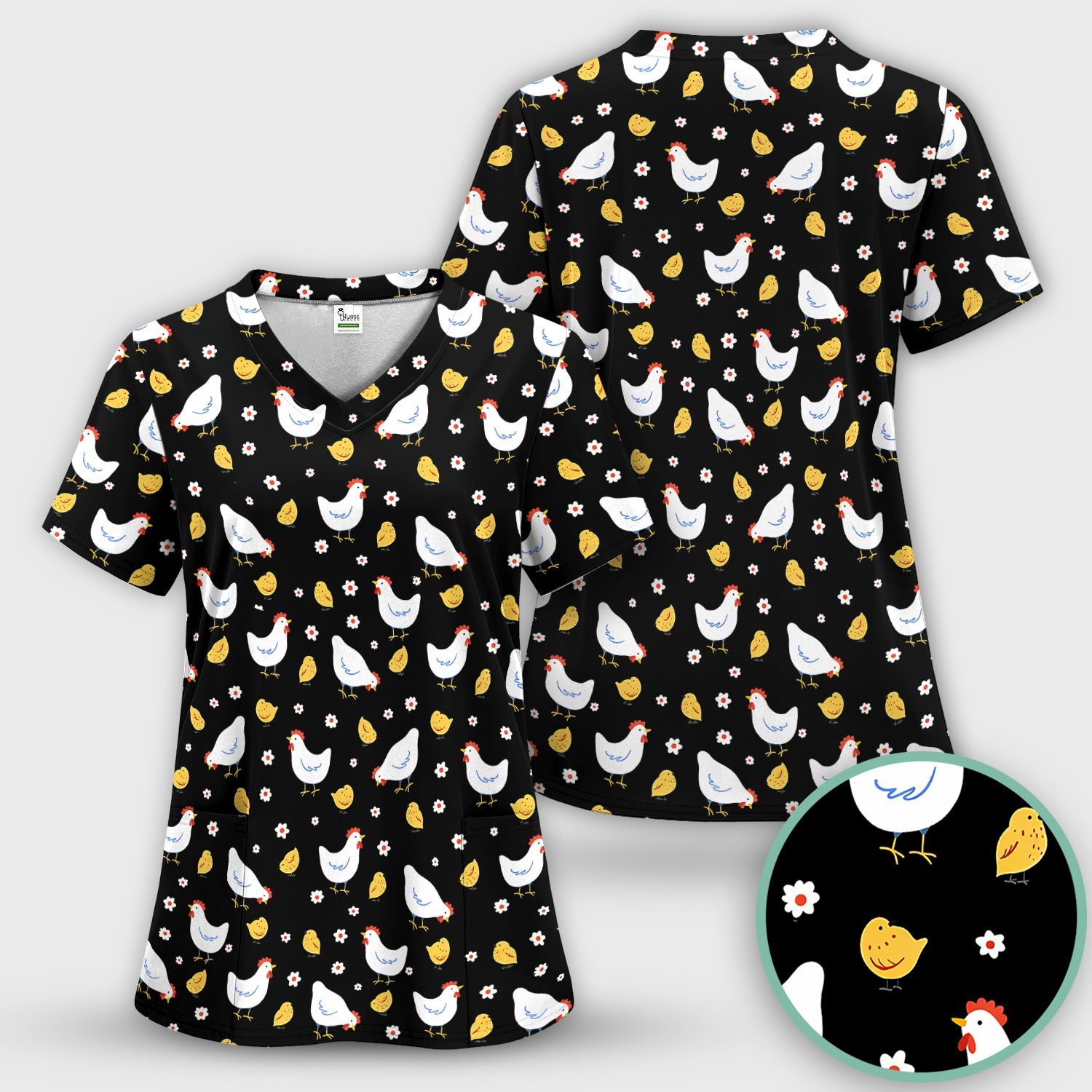 Chicken And Cute Chicks Pattern Scrubs Top, Comfortable Scrubs for Nurses