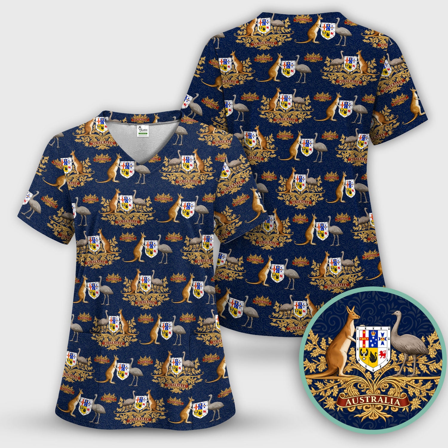 Australian Kangaroo Emu Crest Pattern Scrub Top, Comfortable Scrubs for Nurses