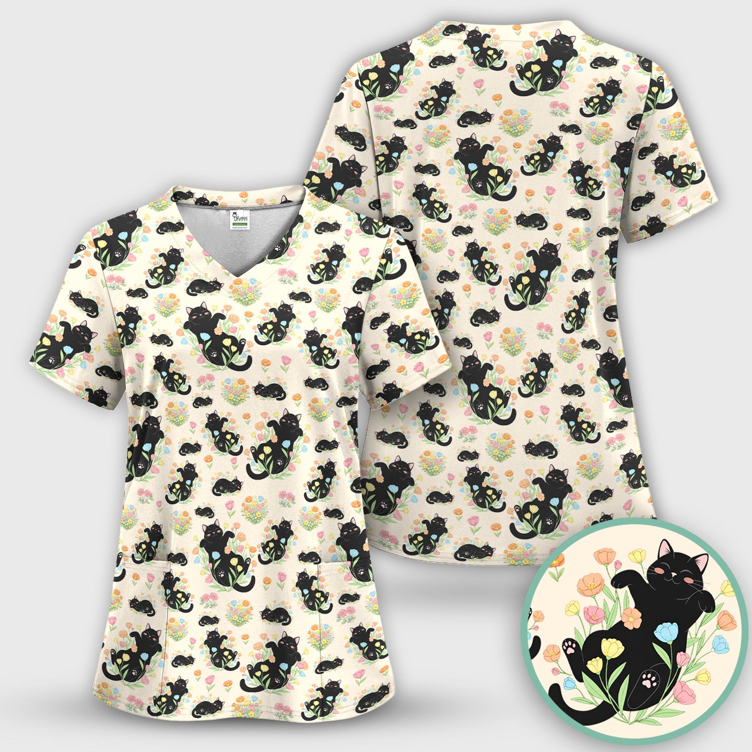 Cats With Cute Poses Floral Pattern Scrubs Top, Comfortable Scrubs for Nurses