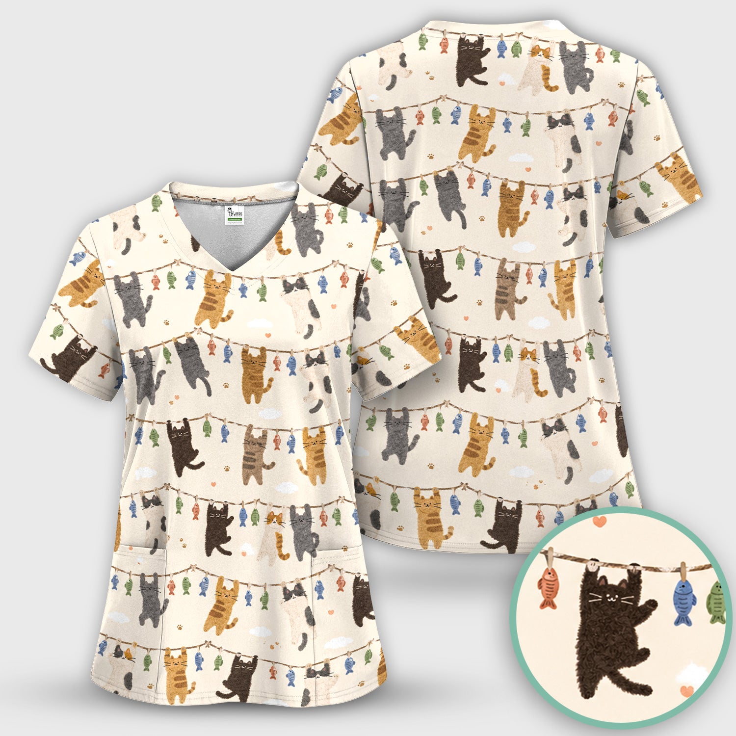 Cute Hanging Cat Fishline Pattern Scrub Set, Scrub Pants and V Neck Top
