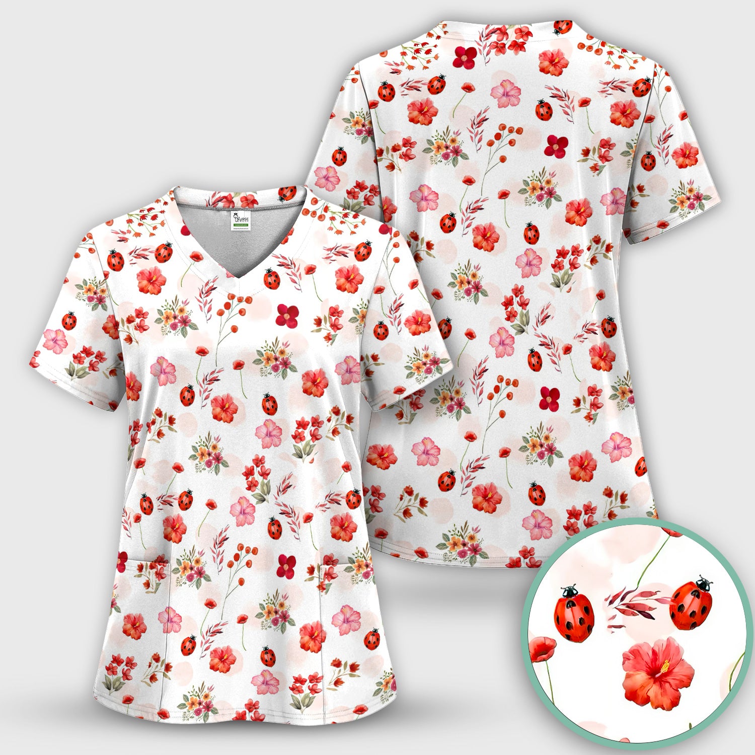 Red Ladybug Floral Garden Pattern Scrub Top, Comfortable Scrubs for Nurses