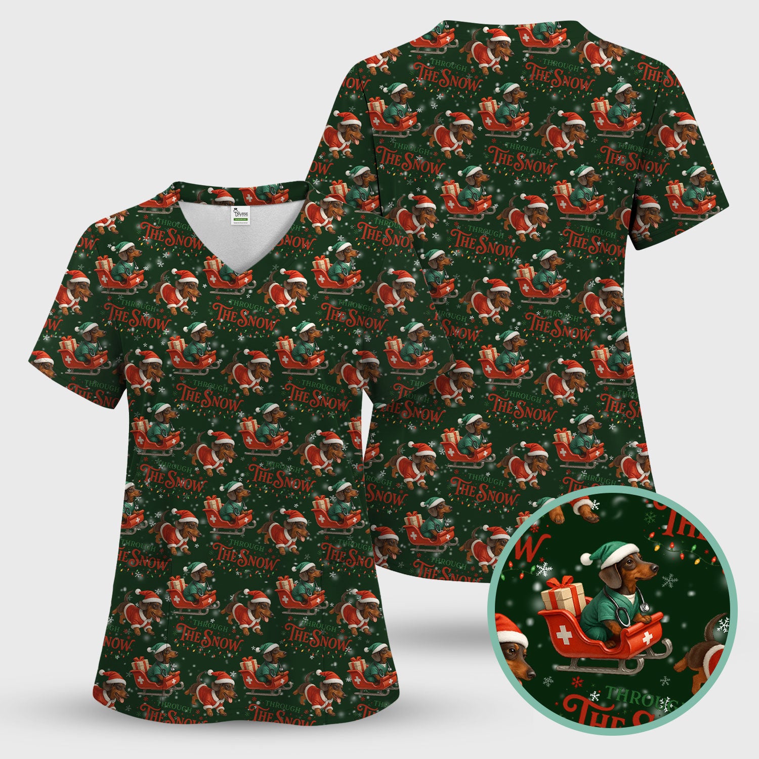 Dachshund Christmas Scrub Top, Cute Dog Nurse Scrub Shirt, Through The Snow Pattern Nursing Uniform