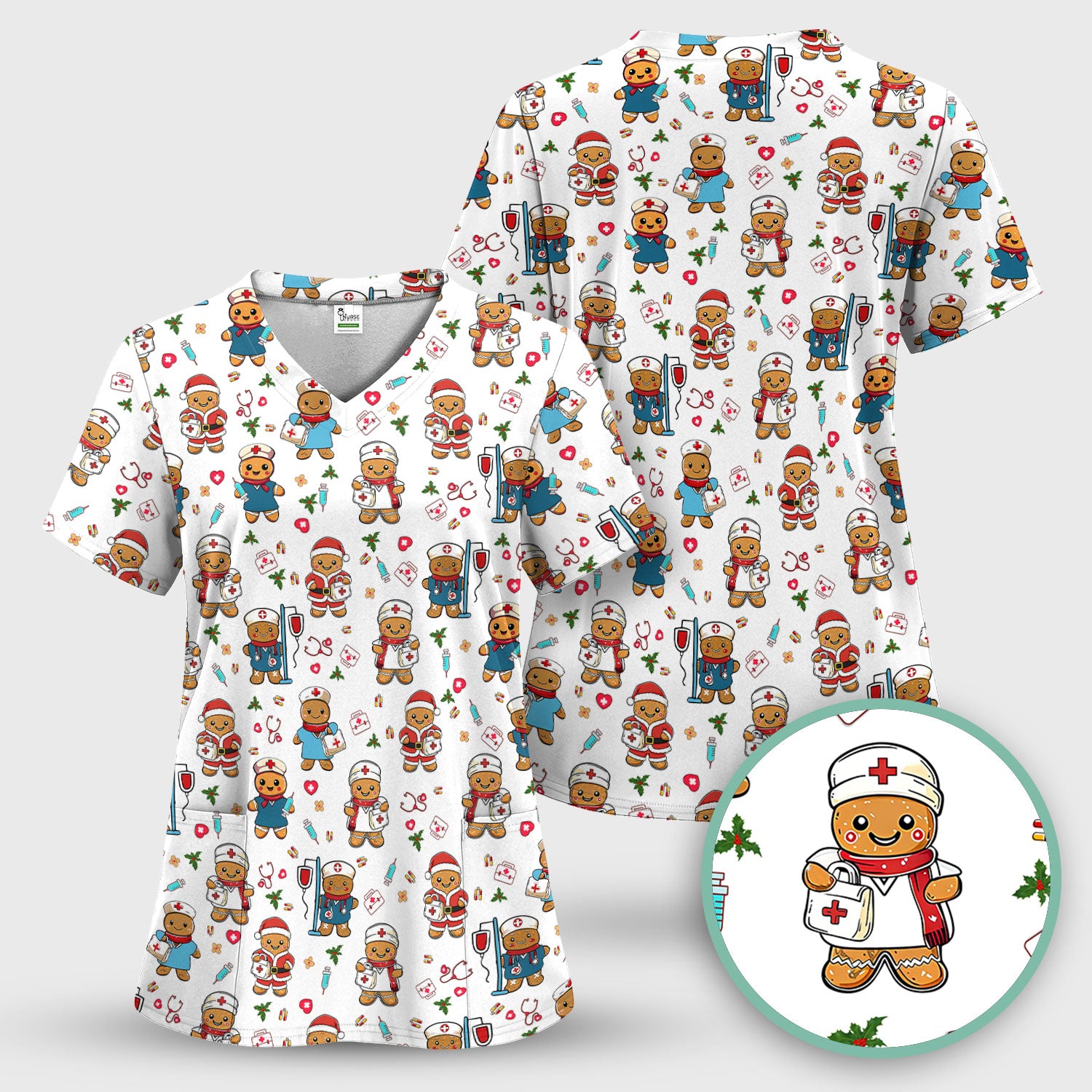 Elf Gingerbread Man Nurse Scrub Top - Santa’s Favorite Nurse Holiday Medical Uniform RN LPN CNA Gift