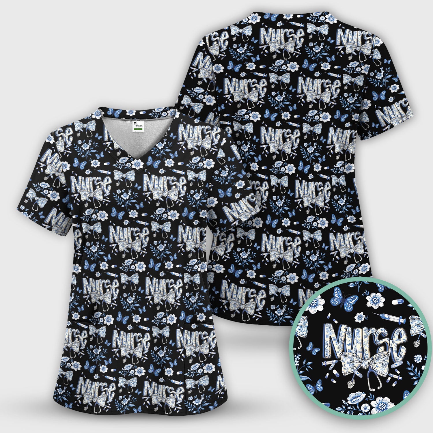 Blue Nurse Letter Bow Butterfly Floral Print Scrub Top, Comfortable Scrubs for Nurses