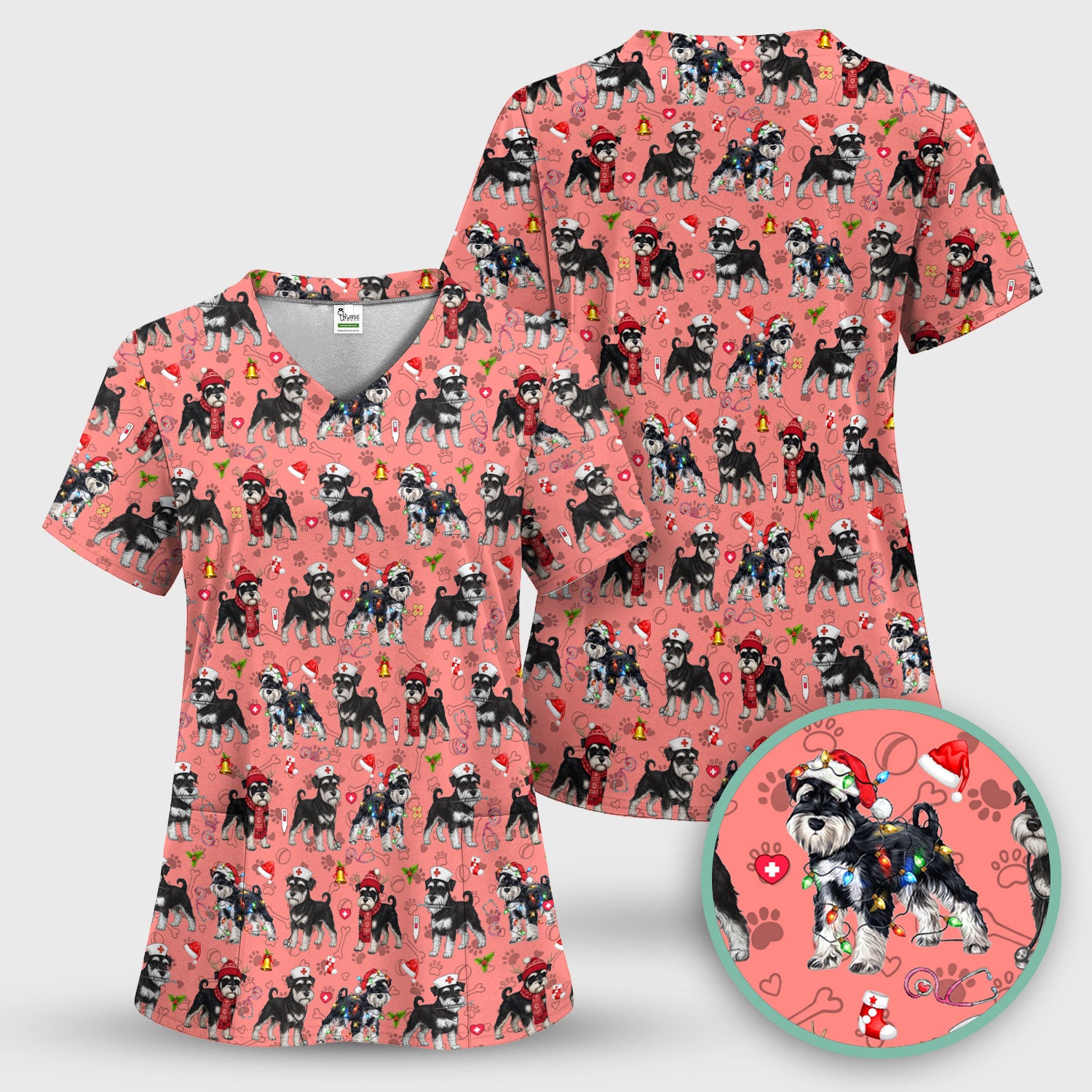 Christmas Schnauzer Scrubs for Nurses - Cute Dog Holiday Scrub Top - Funny Santa Nursing Medical Shirt for Women