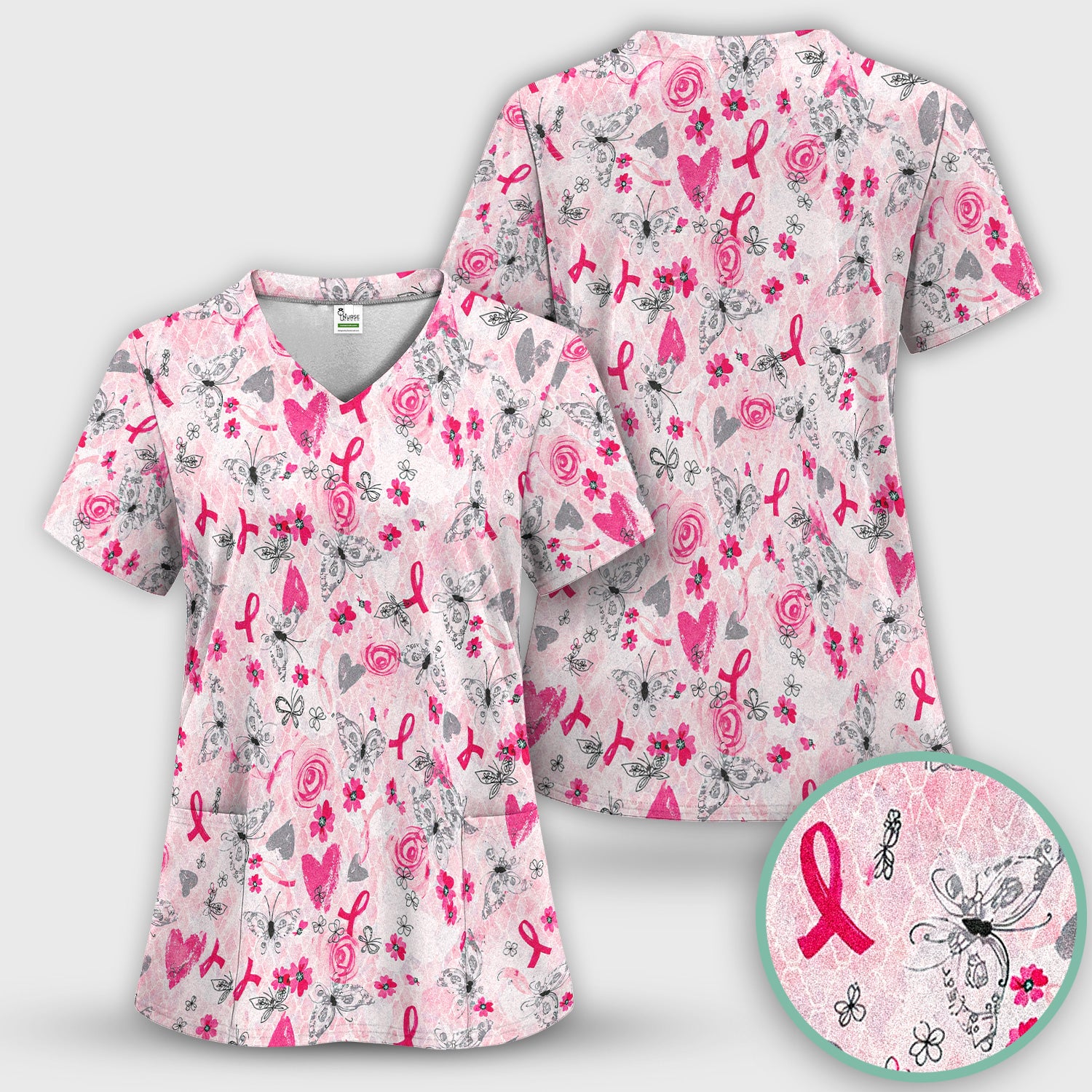 Breast Cancer Awareness Butterfly Floral Scrub Top, Comfortable Scrubs for Nurses