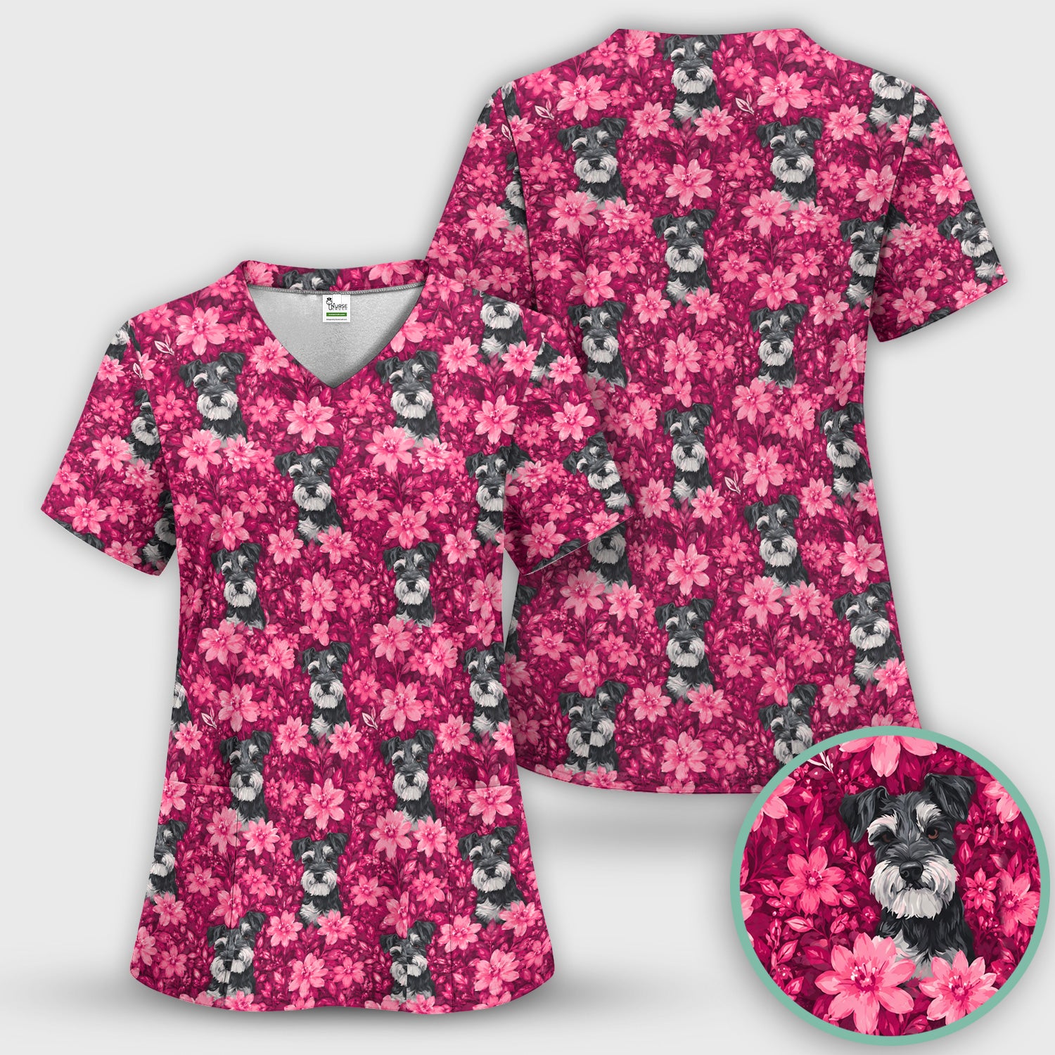 Pink Floral Schnauzer Pattern Scrub Top, Comfortable Scrubs for Nurses