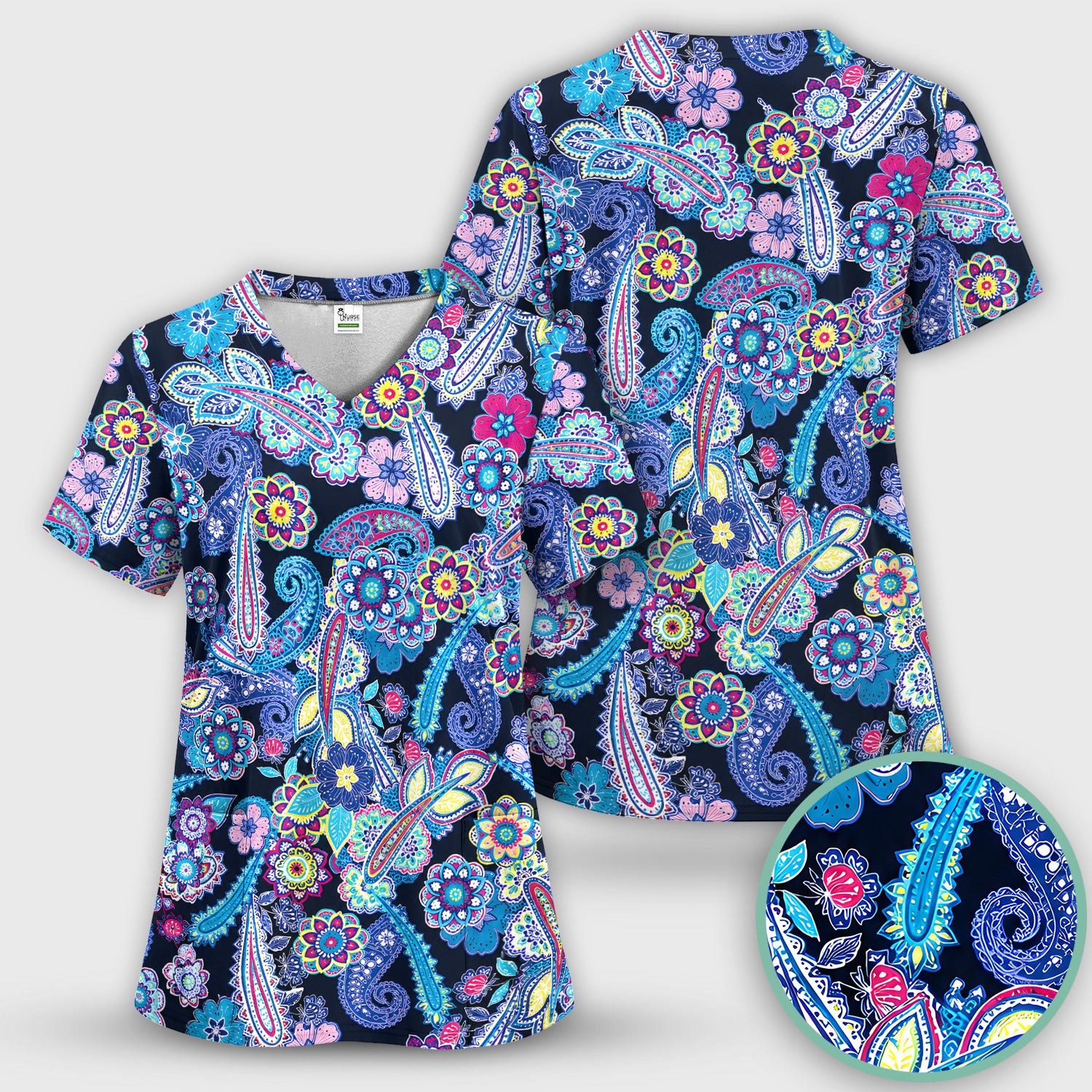 Vibrant Paisley Floral Pattern Scrub Set, Scrub Pants and V Neck Top