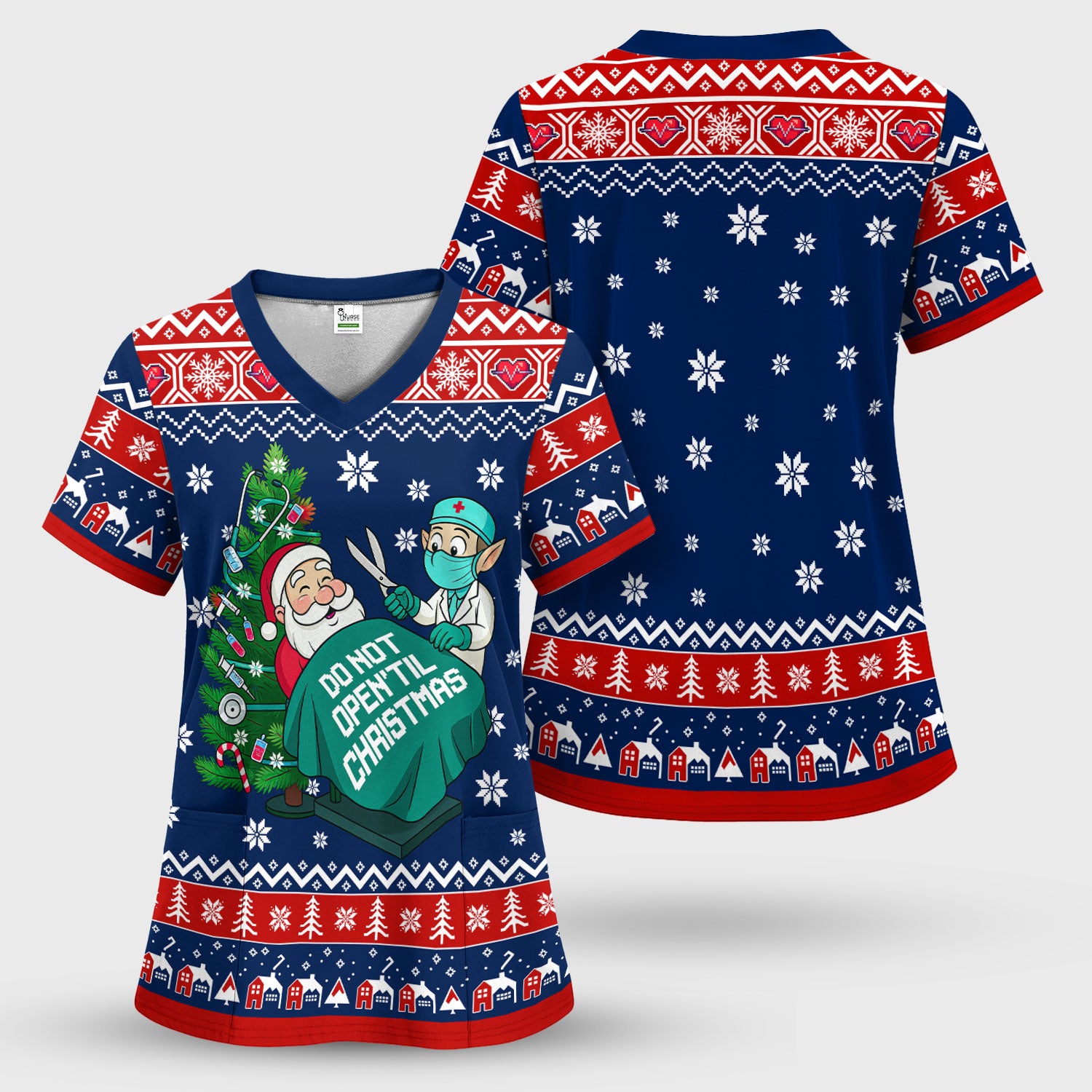 Funny Scrub Top for Women - Do Not Open Til Christmas Santa and Elf - Holiday Medical Uniform Gift for RN LPN CNA