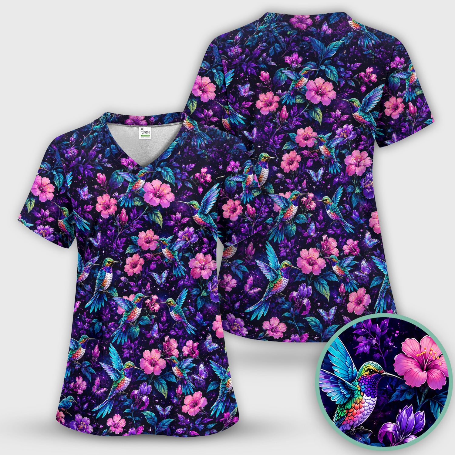 Vibrant Hummingbird Hibiscus Blossom Pattern Scrub Set, Scrub Pants and V Neck Top