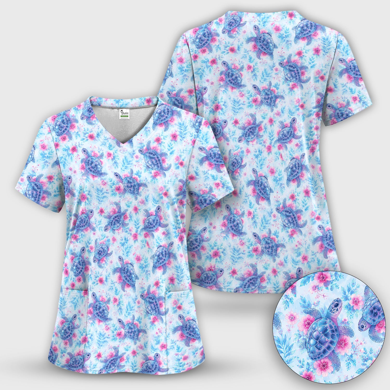 Cute Sea Turtle Floral Print Scrub Top, Comfortable Scrubs for Nurses