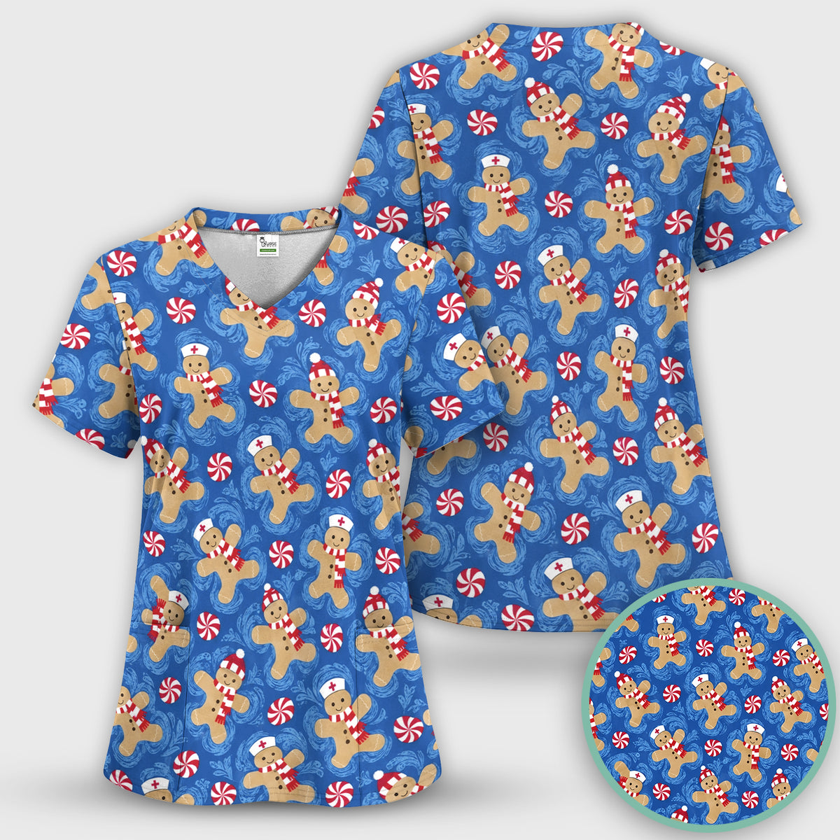 Christmas Gingerbread Nurses & Peppermint Pattern Scrub Top, Comfortable Scrubs for Nurses