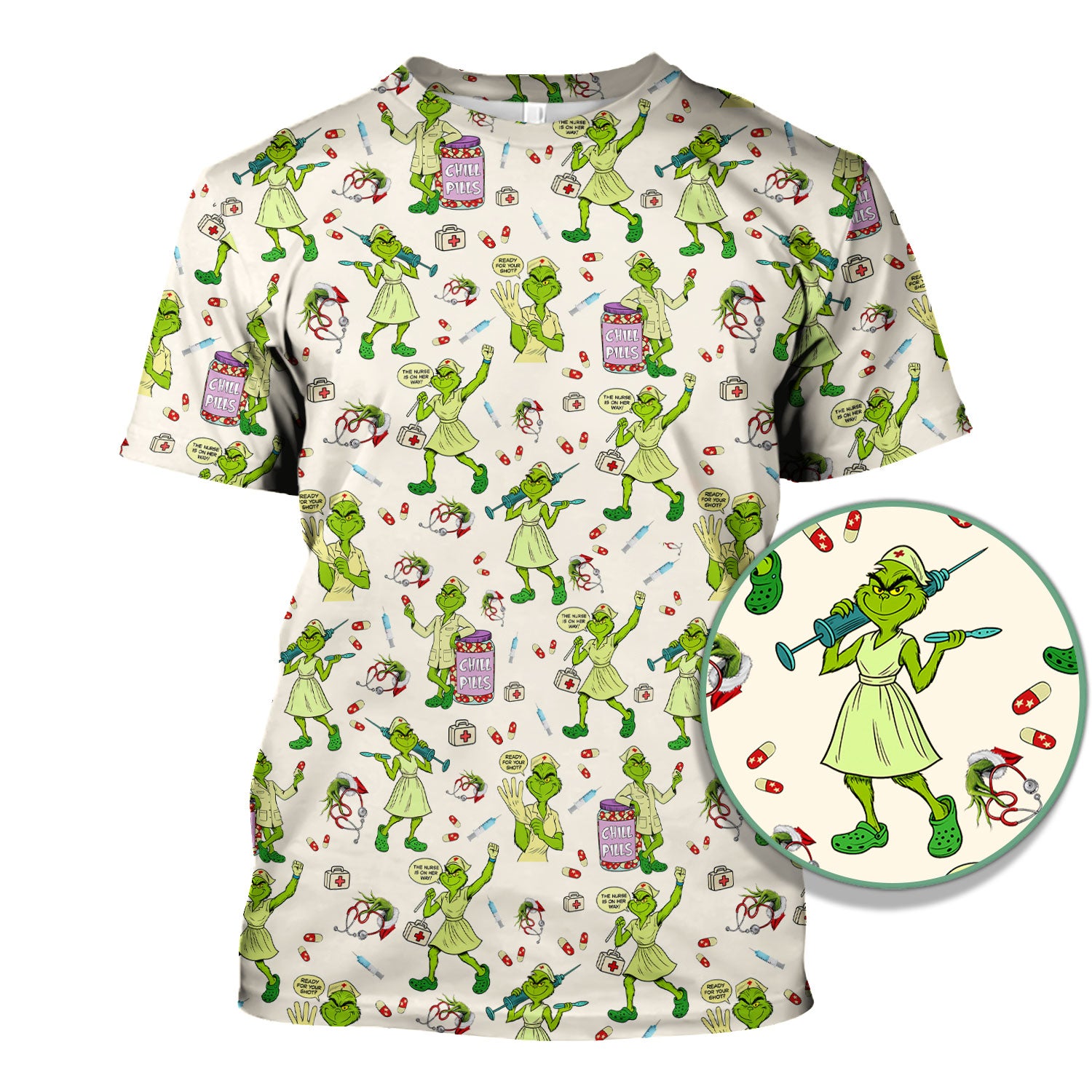 Funny Grinch Nurse Scrub Top Multi Color - Chill Pills Nursing Scrub Shirt - Cute Christmas Holiday Workwear with Pockets
