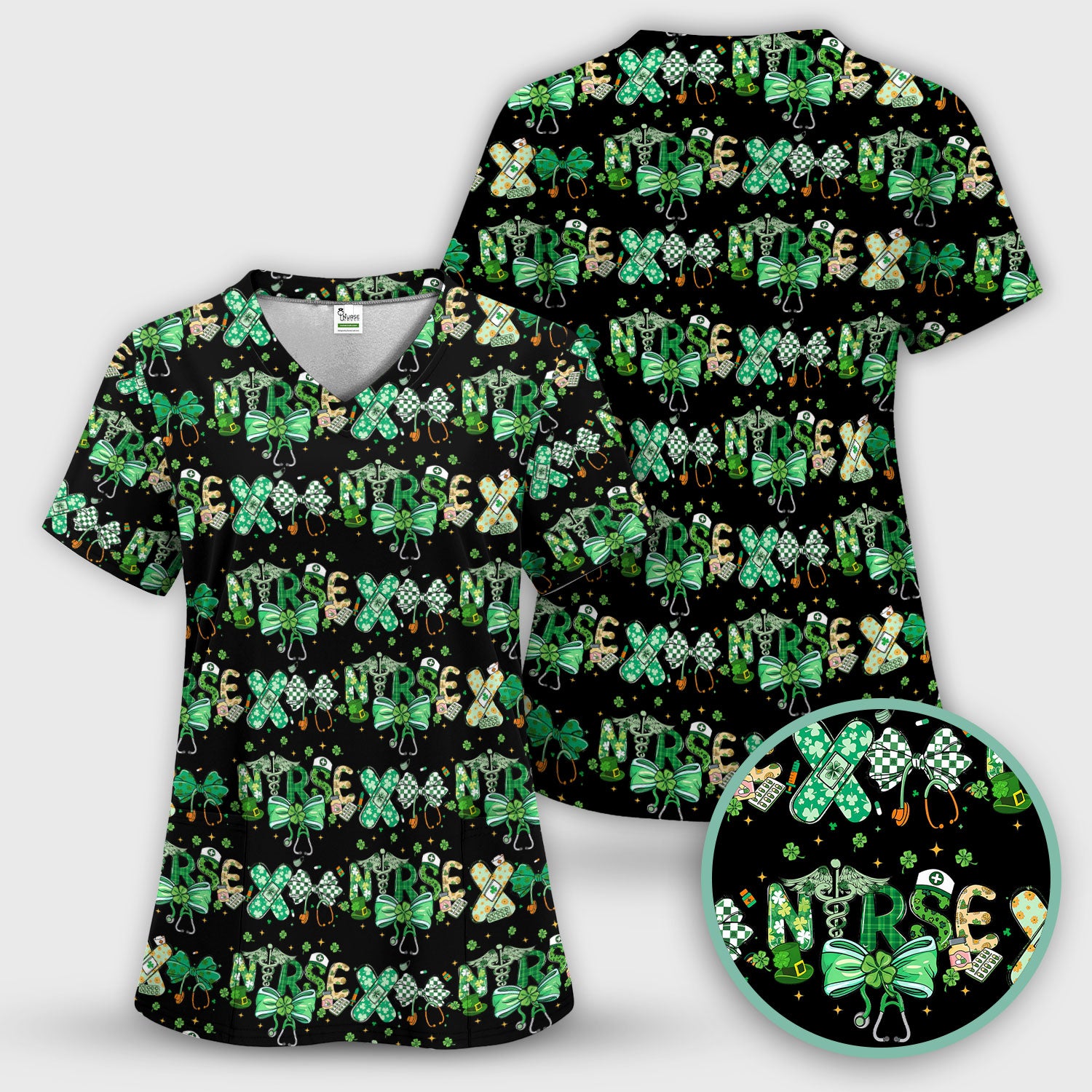 St. Patrick’s Nurse Scrub Top, Lucky Clover And Green Bow Pattern Nurse Shirt, Breathable Fabrics Nursing Uniform