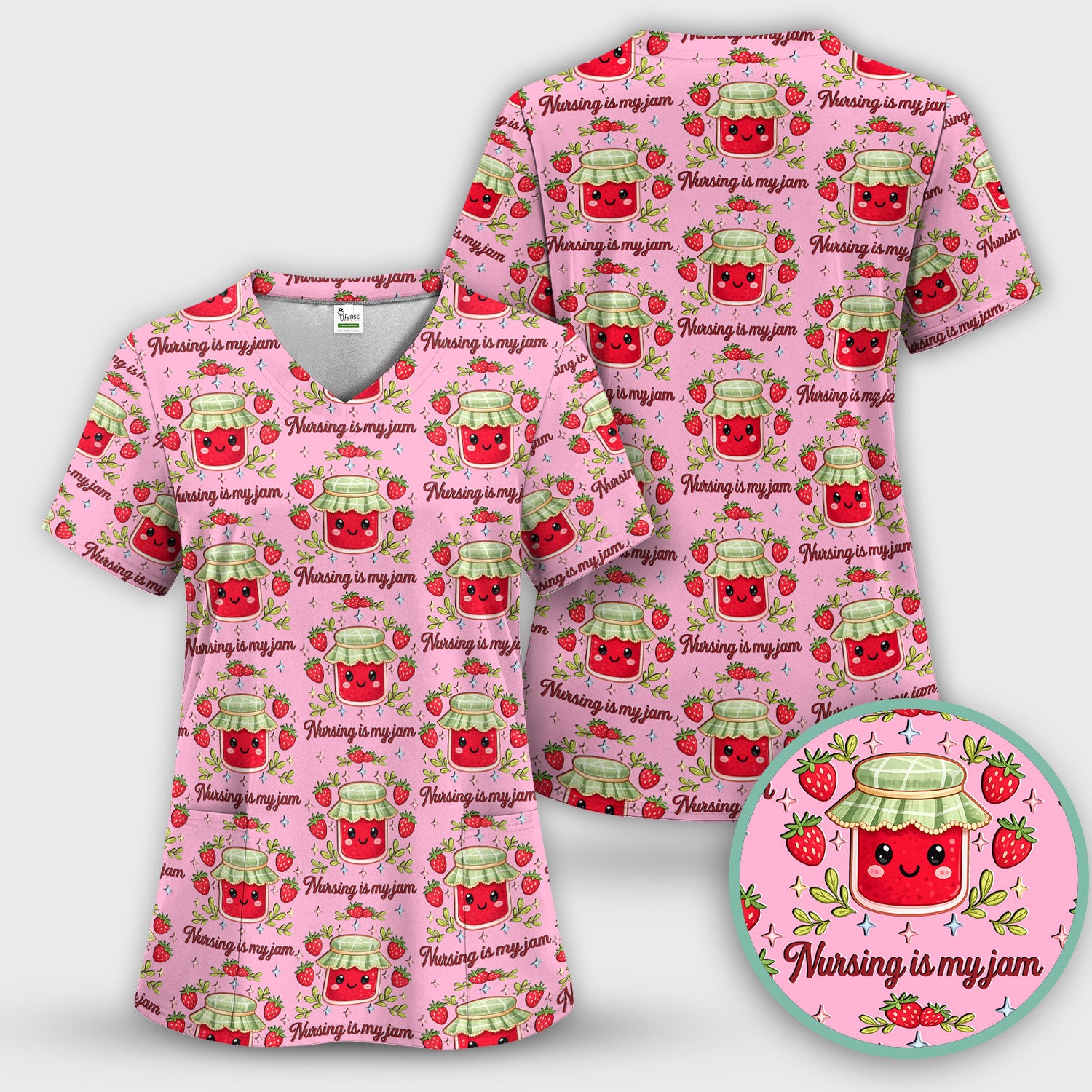 Cute Strawberry Jam Nurse Pattern Scrub Set, Breathable Med Uniform